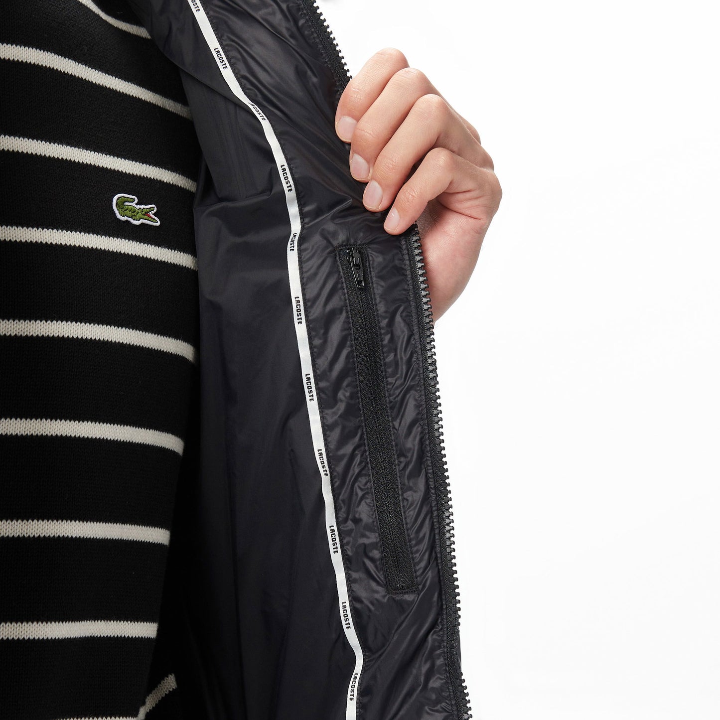 Lacoste Erkek Kapüşonlu Çizgili Siyah Mont