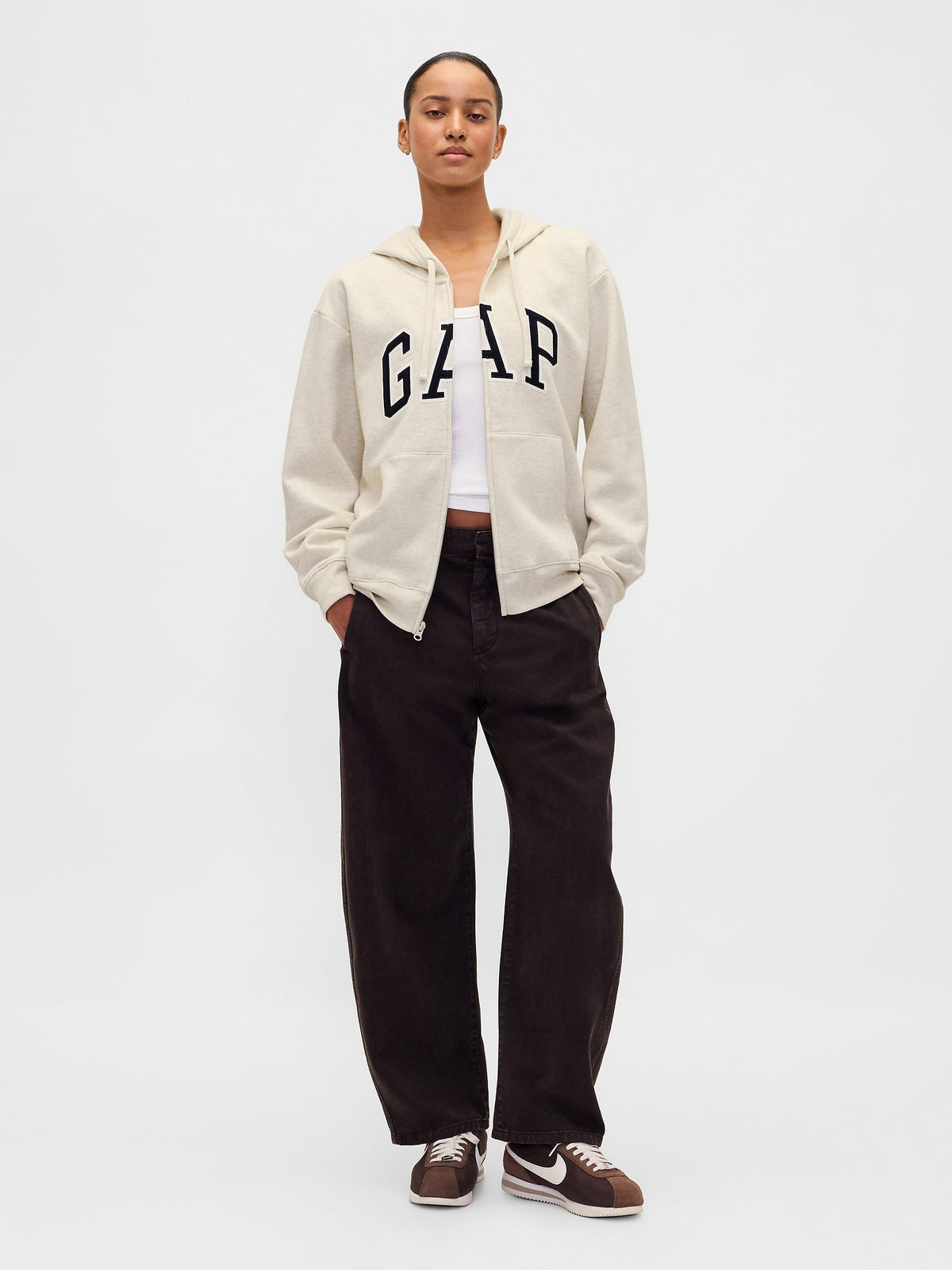 Krem Gap Logo Relaxed Fleece Fermuarlı Sweatshirt