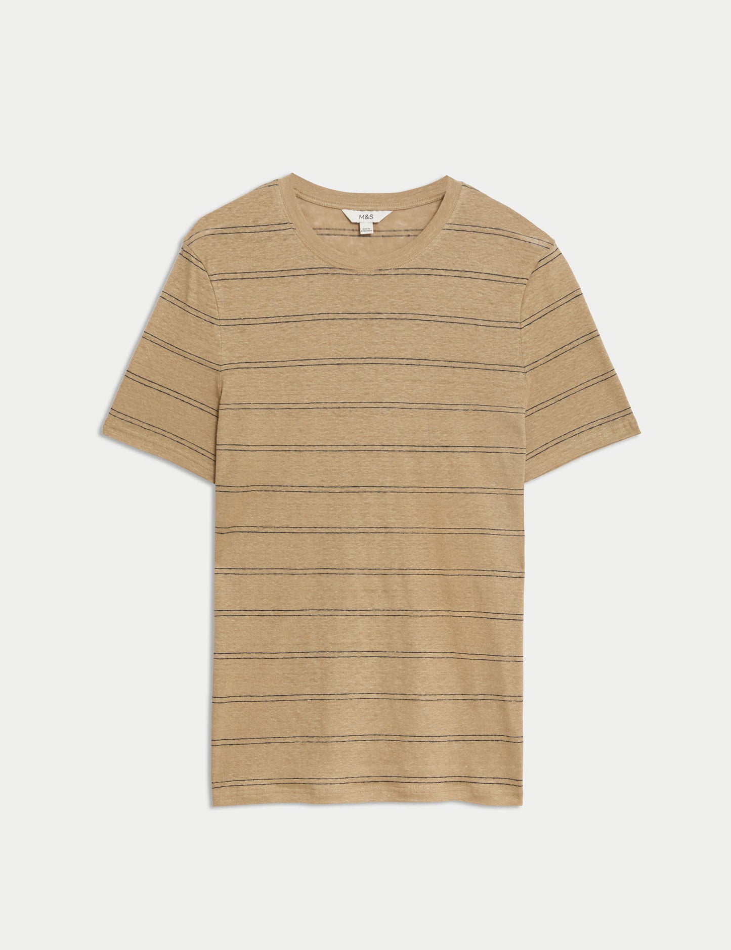 Kısa Kollu Çizgili Saf Keten T-shirt