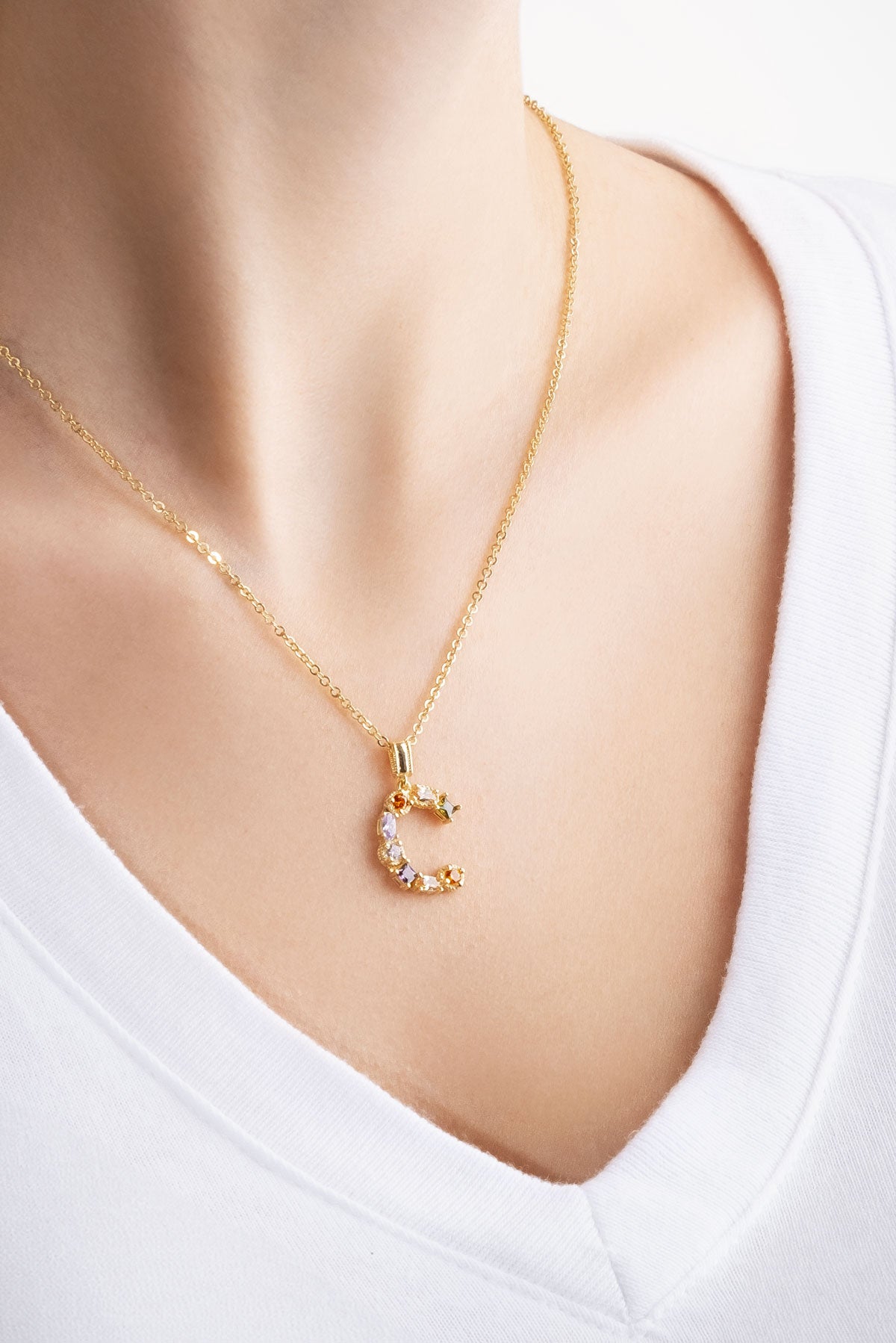 Mini C Harfi Günışığı Renkli 18 Ayar Sarı Altın Kaplama 45 Cm Gümüş Kolye 07300021344