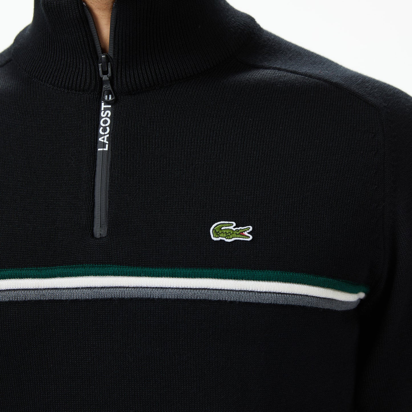 Lacoste Erkek Classic Fit Yarım Fermuarlı Çizgili Siyah Kazak