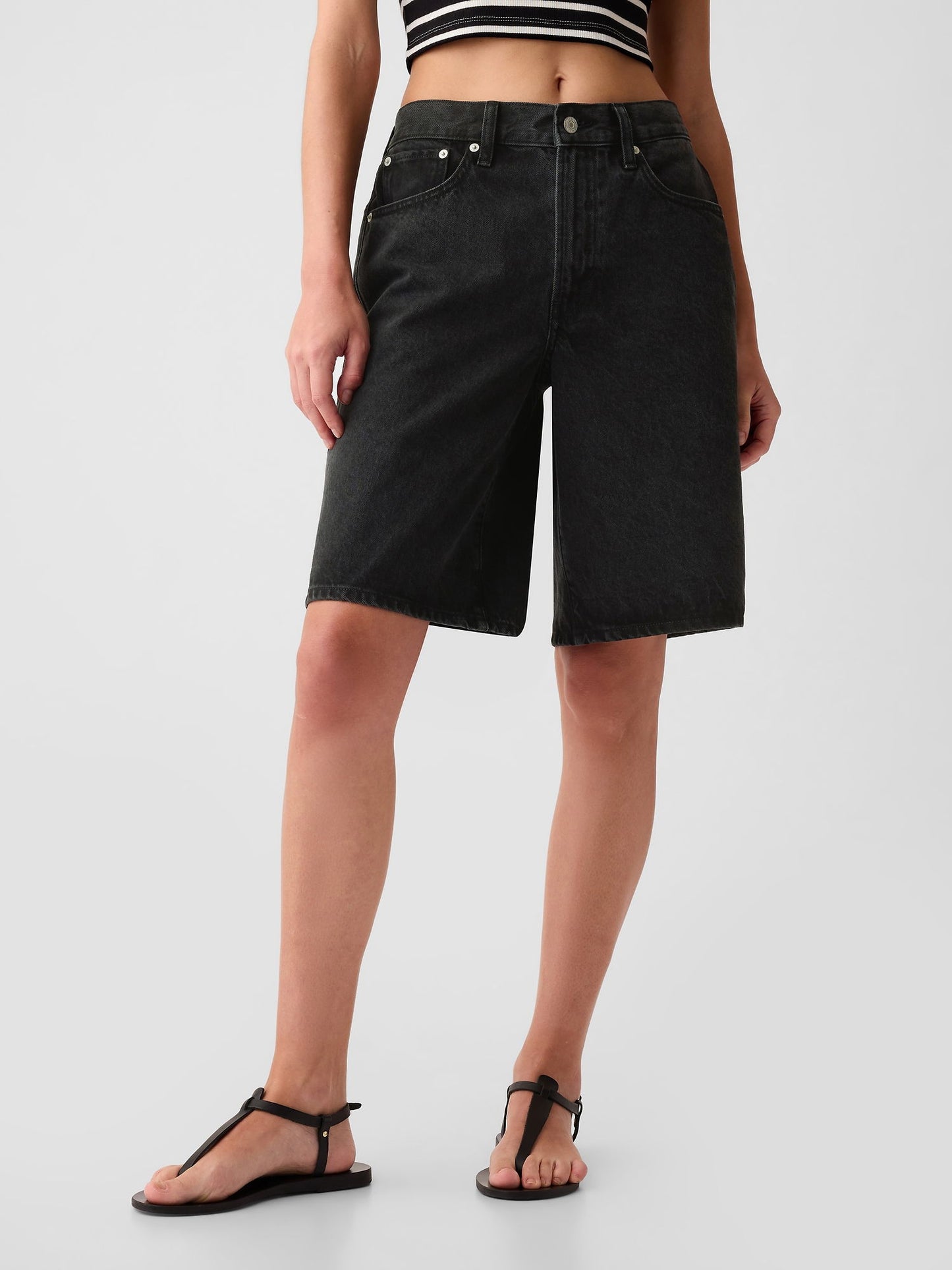 Siyah 11.5 Mid Rise Longline Denim Şort