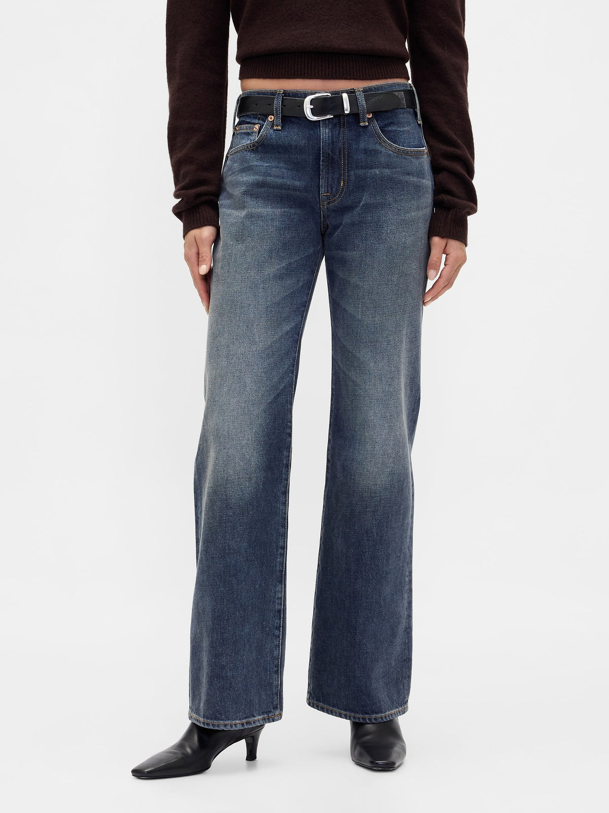 Koyu Mavi Mid Rise Rigid Relaxed Flare Jean Pantolon