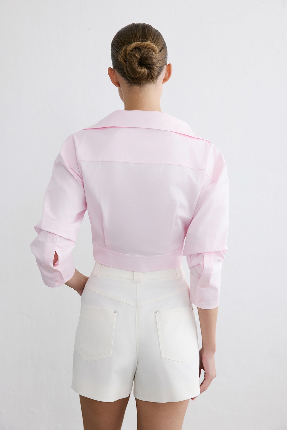 Kruvaze Yaka Poplin Crop Pembe Gömlek
