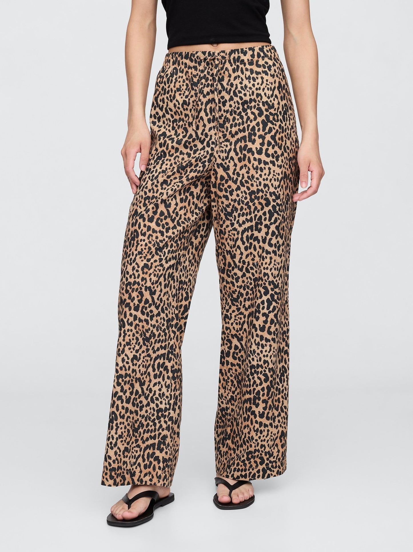 Kahverengi Mid Rise Keten Karışımlı Pull-on Wide-leg Pantolon