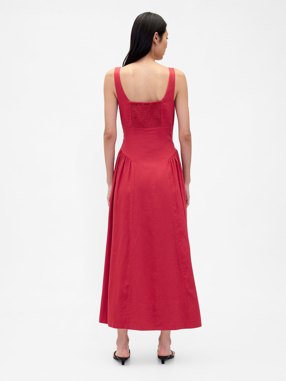 Mavi Keten Karışımı Shirred Maxi Elbise