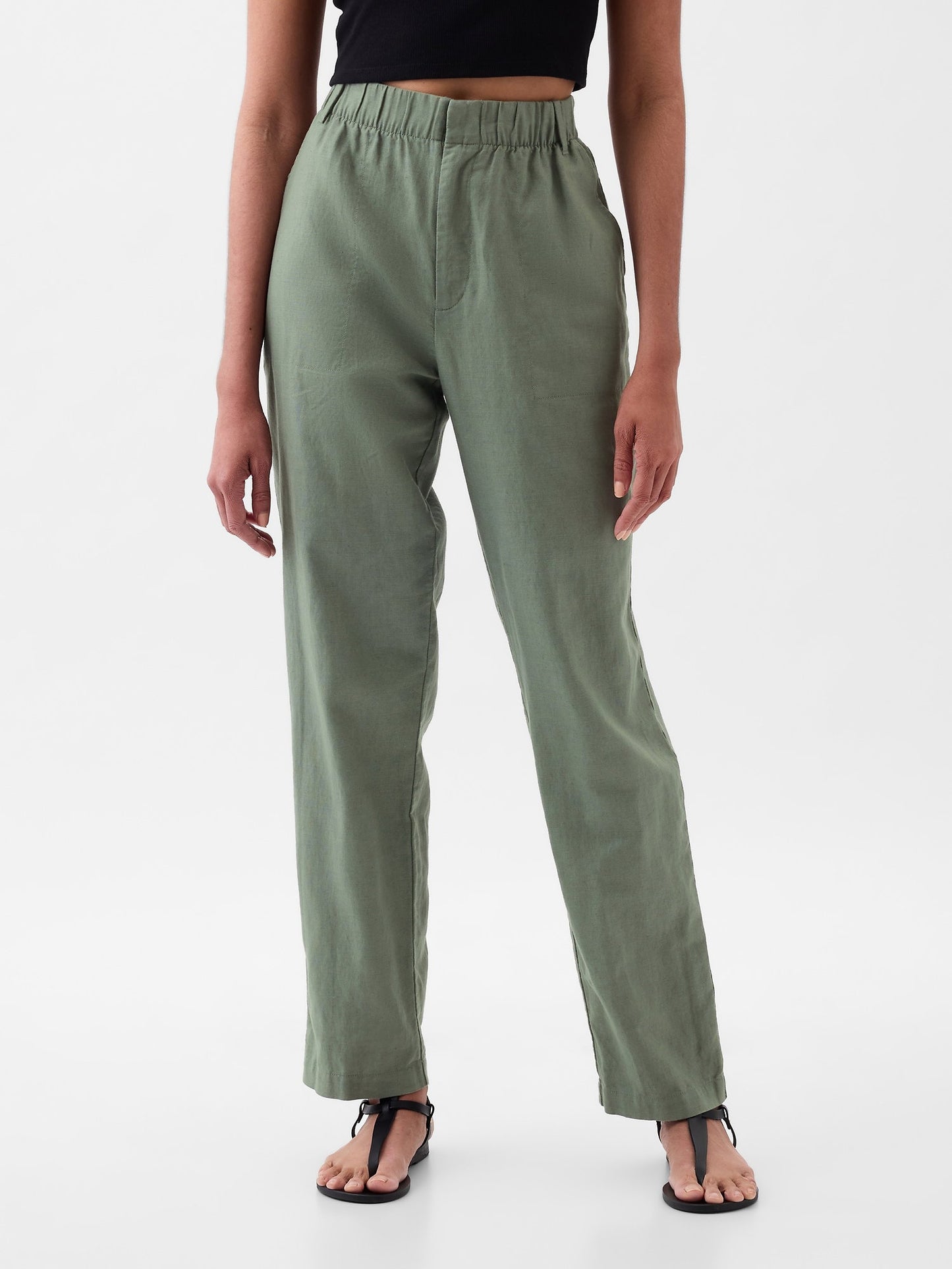 Haki High Rise Keten Karışımlı Pull-on Pantolon