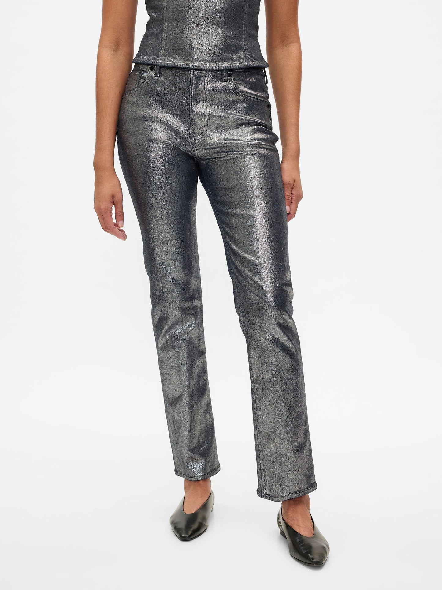 Gri High Rise Metalik '90s Straight Jean Pantolon