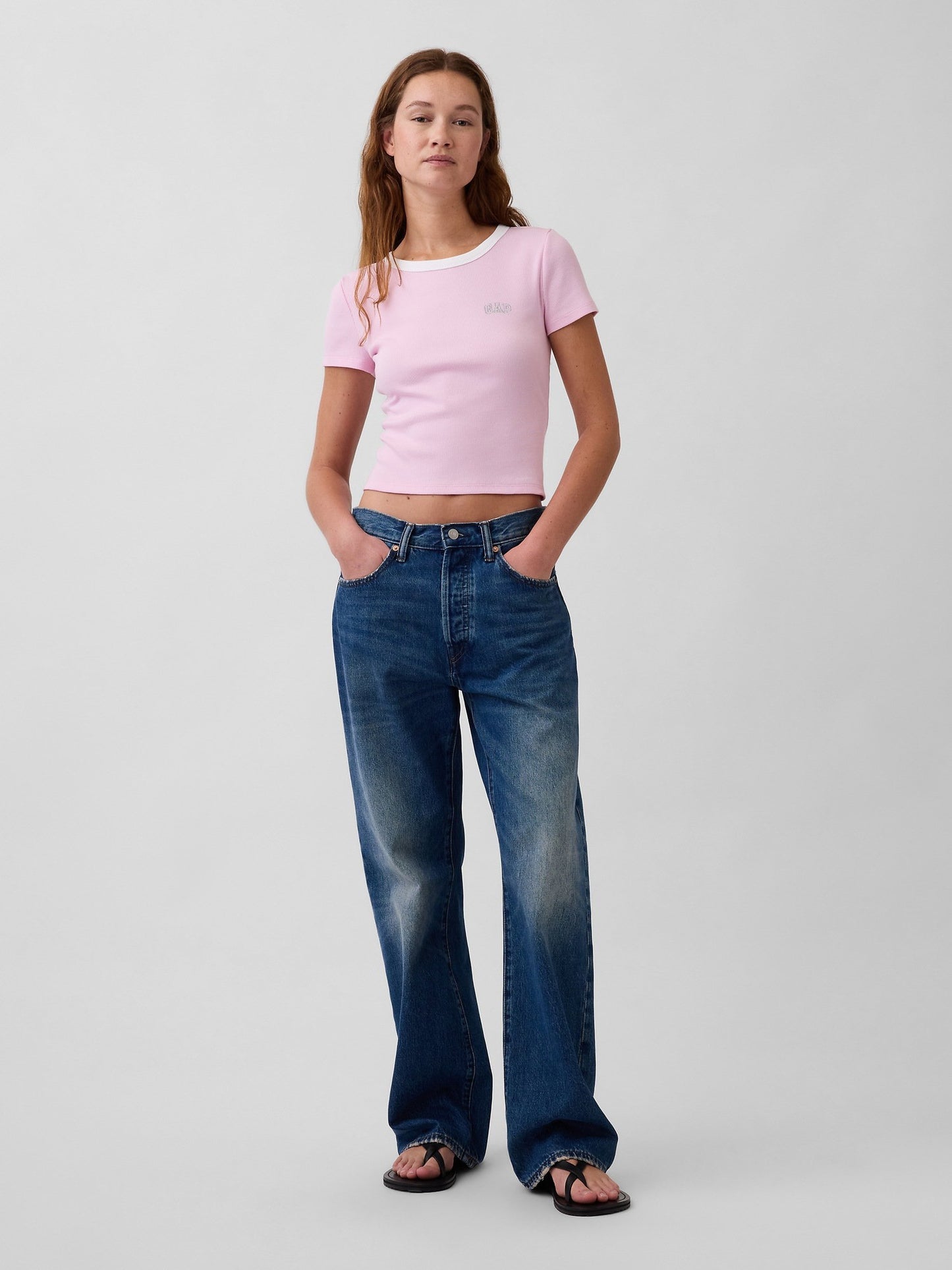 Açık Pembe Ribbed Gap Logo Baby Crop T-shirt