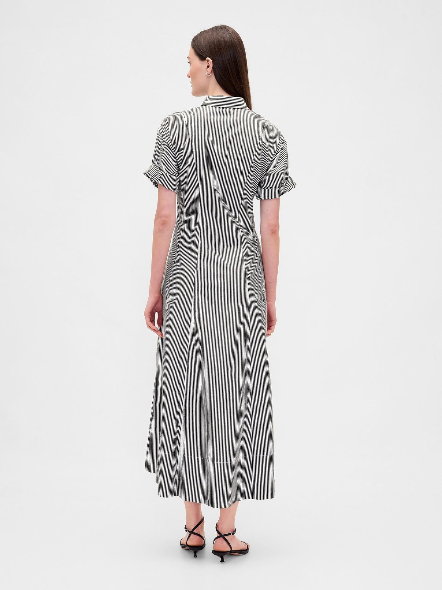 Siyah Beyaz Çizgili Poplin Roll-cuff Midi Gömlek Elbise