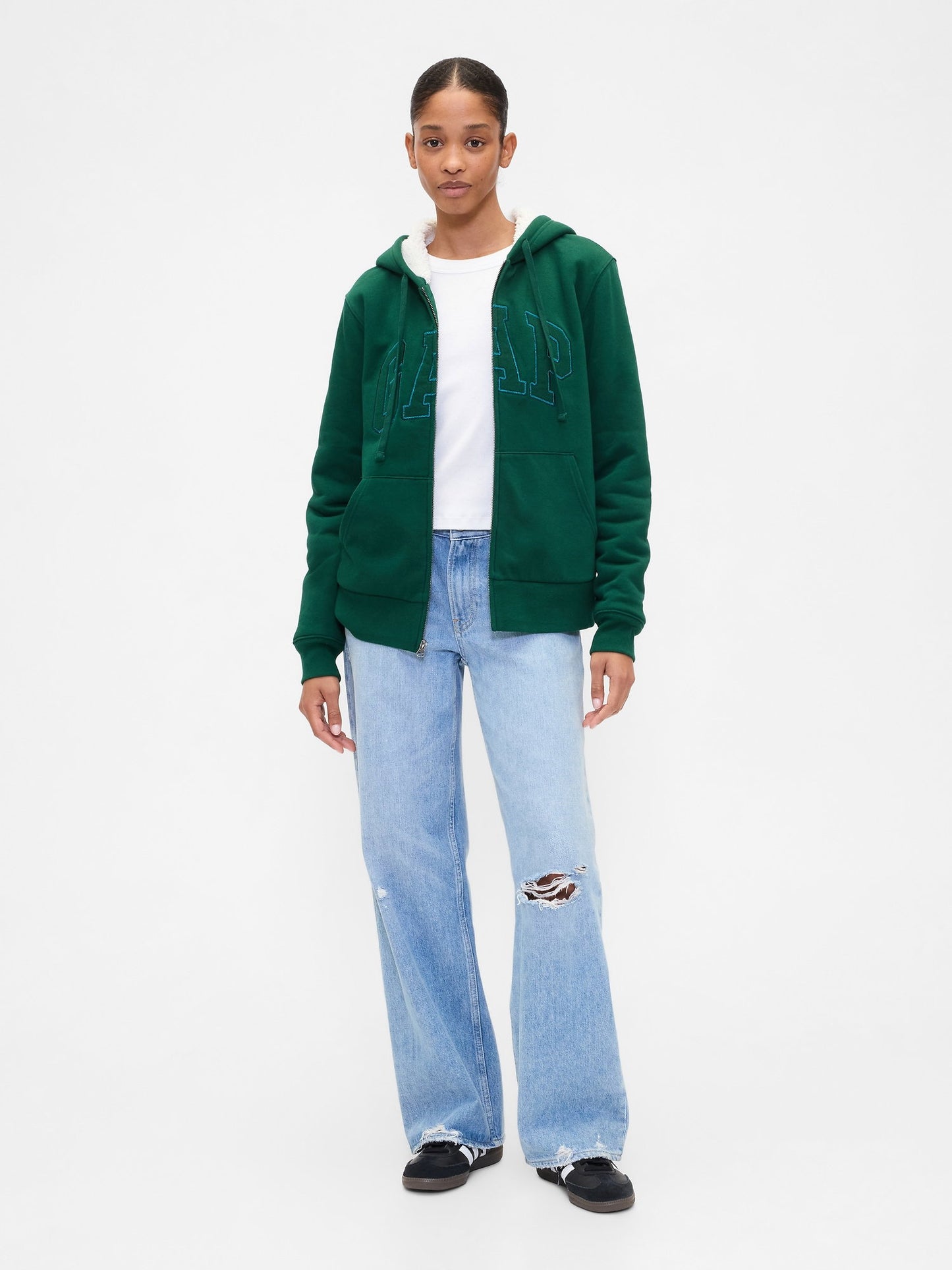 Koyu Yeşil Relaxed Gap Logo Sherpa-astarlı Fermuarlı Sweatshirt