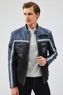 Takeoff Erkek Mavi Slim-fit Deri Ceket