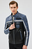 Takeoff Erkek Mavi Slim-fit Deri Ceket