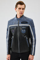 Takeoff Erkek Mavi Slim-fit Deri Ceket