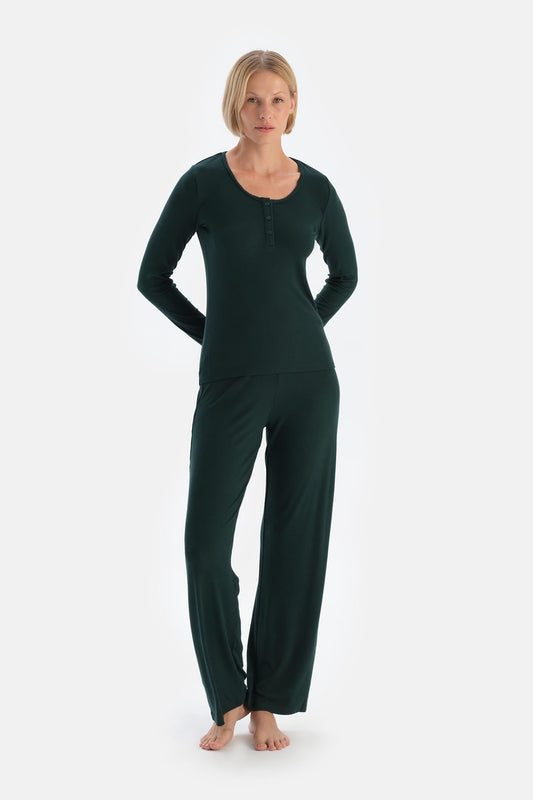 Koyu Yeşil Uzun Kollu Viskon Kaşkorse Pijama Takımı