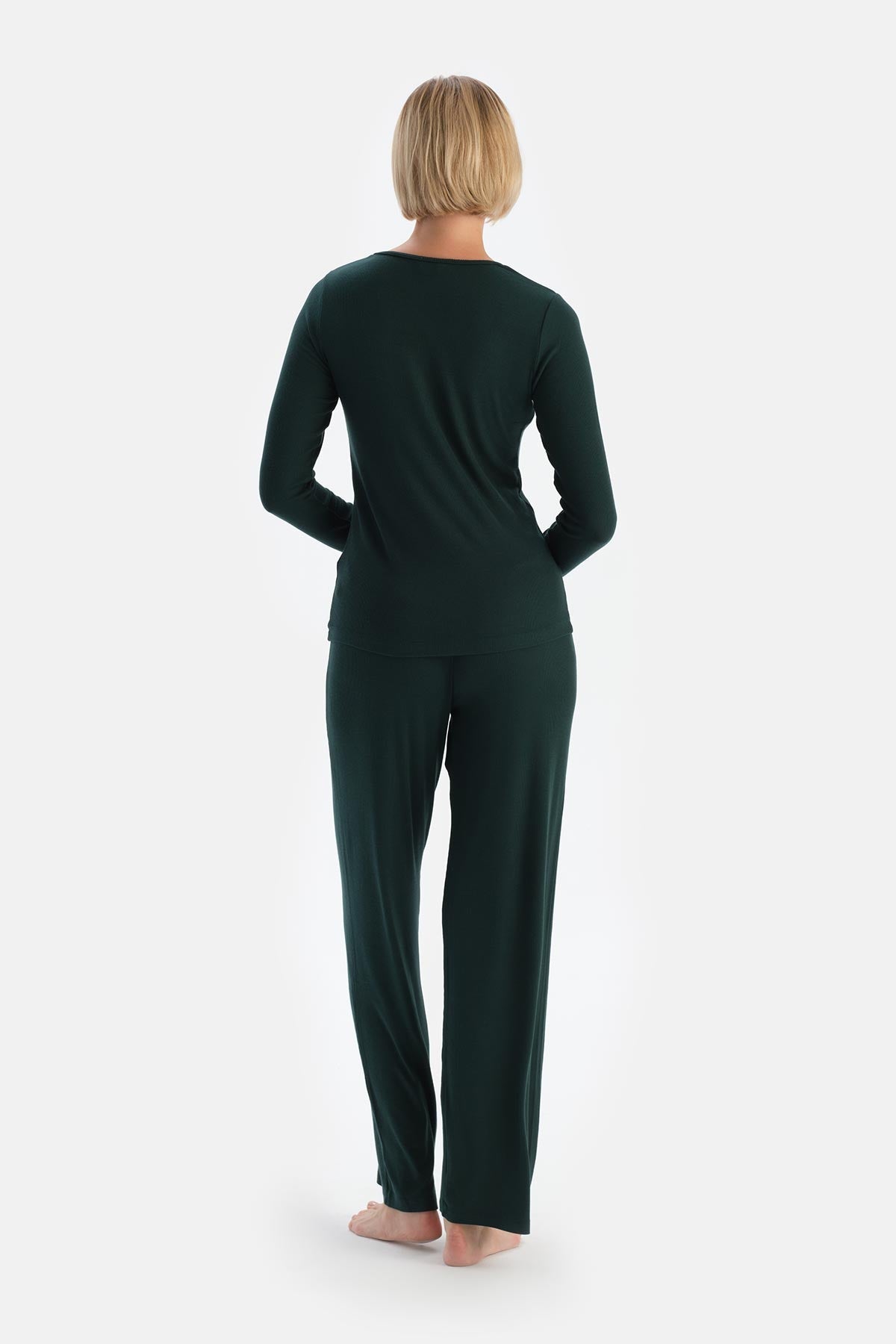 Koyu Yeşil Uzun Kollu Viskon Kaşkorse Pijama Takımı