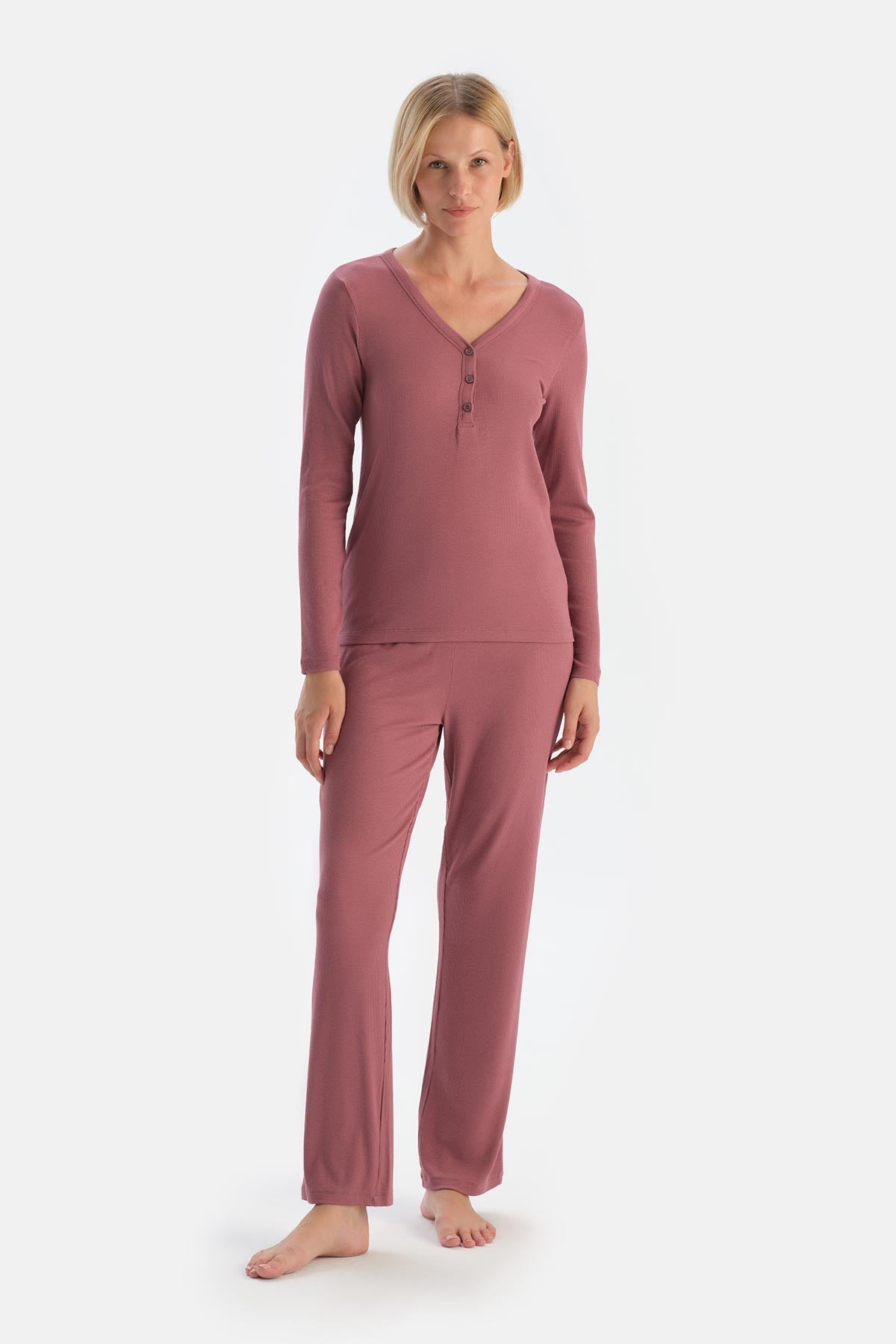 Gül Kurusu V Yaka Düğmeli Kaşkorse Pijama Takımı