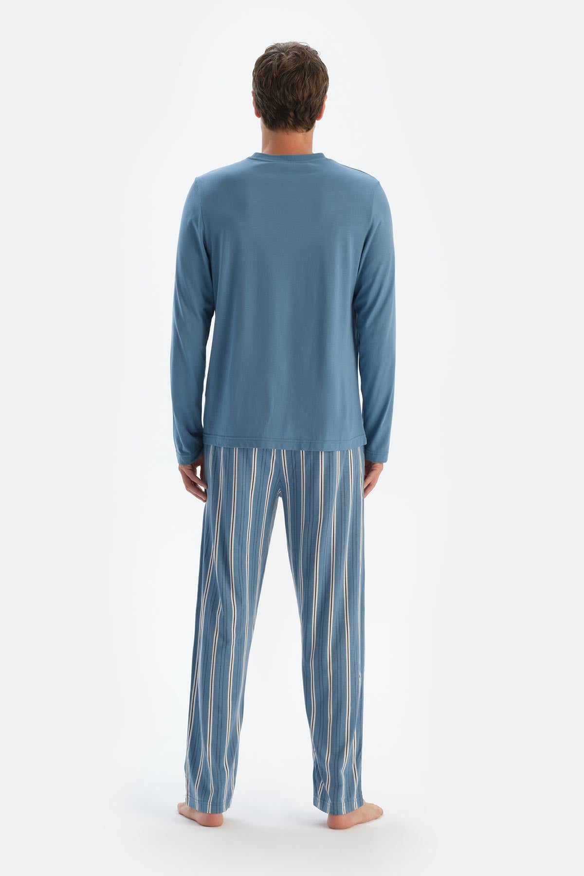 Mavi Bisiklet Yaka Uzun Kollu Tişört Pantolon Pijama Takımıı