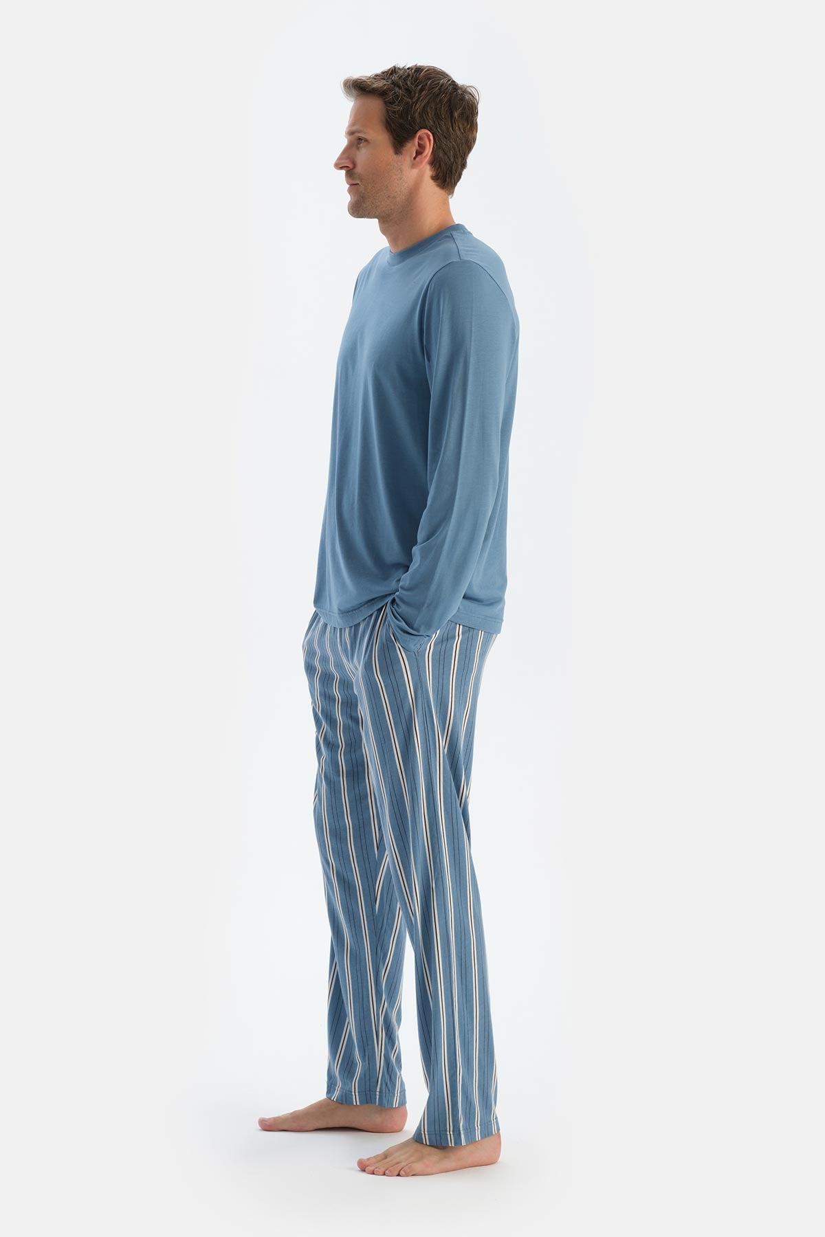 Mavi Bisiklet Yaka Uzun Kollu Tişört Pantolon Pijama Takımıı