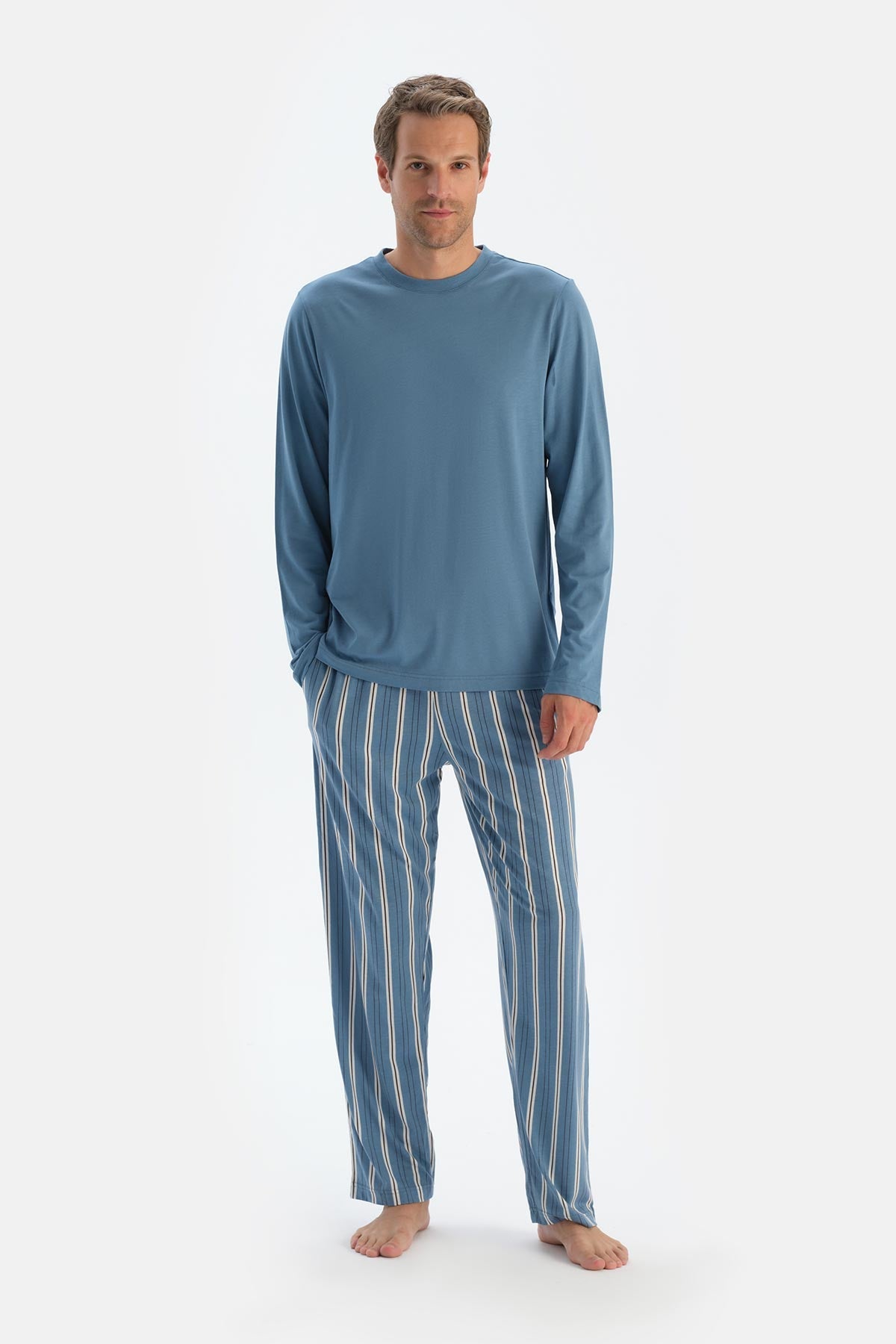 Mavi Bisiklet Yaka Uzun Kollu Tişört Pantolon Pijama Takımıı