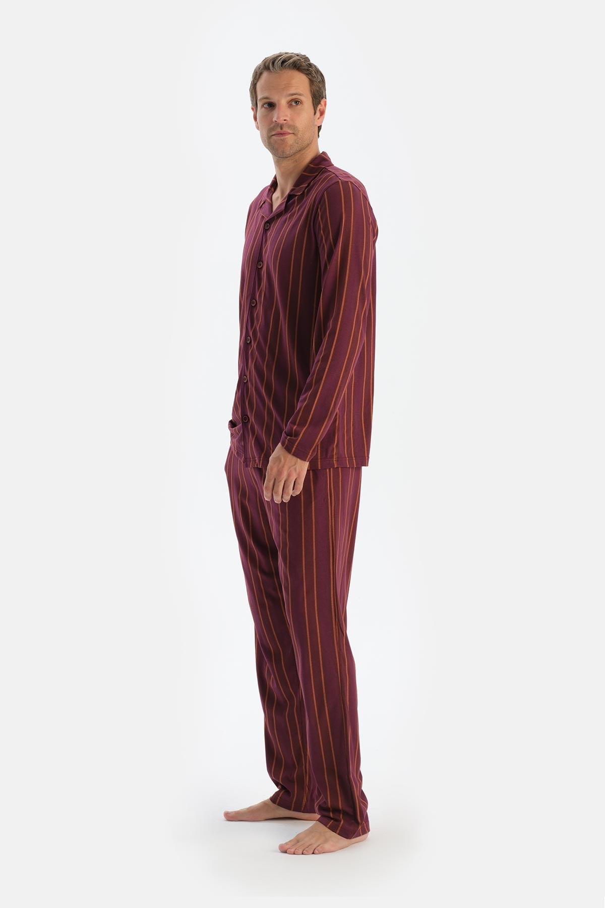 Bordo Çizgili Uzun Kollu Gömlek Pantolon Pijama Takımı