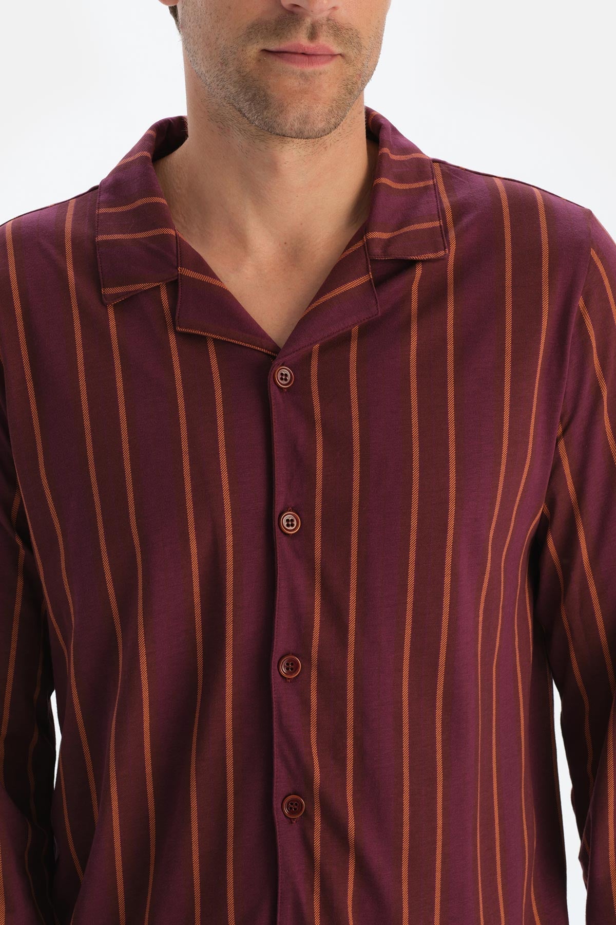 Bordo Çizgili Uzun Kollu Gömlek Pantolon Pijama Takımı