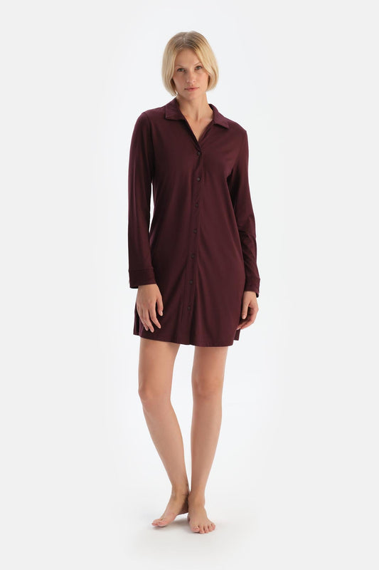 Bordo Dantel Detaylı Gömlek Yaka Modal Gecelik