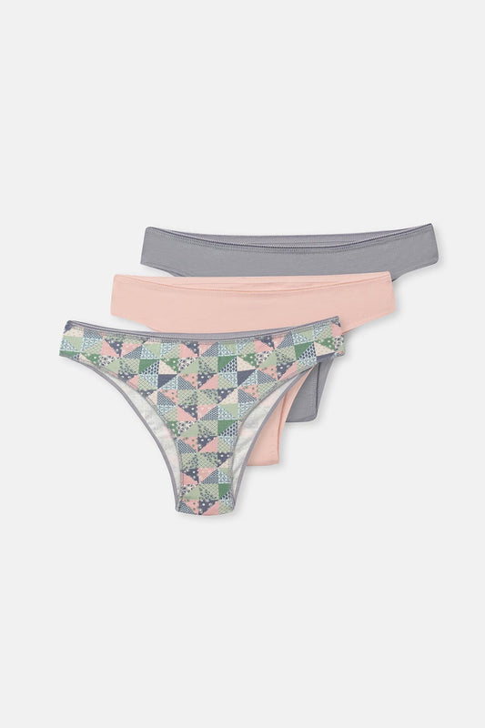 Gri-soft Pembe Soft Kadın 3'lü Desenli Brazilian Külot