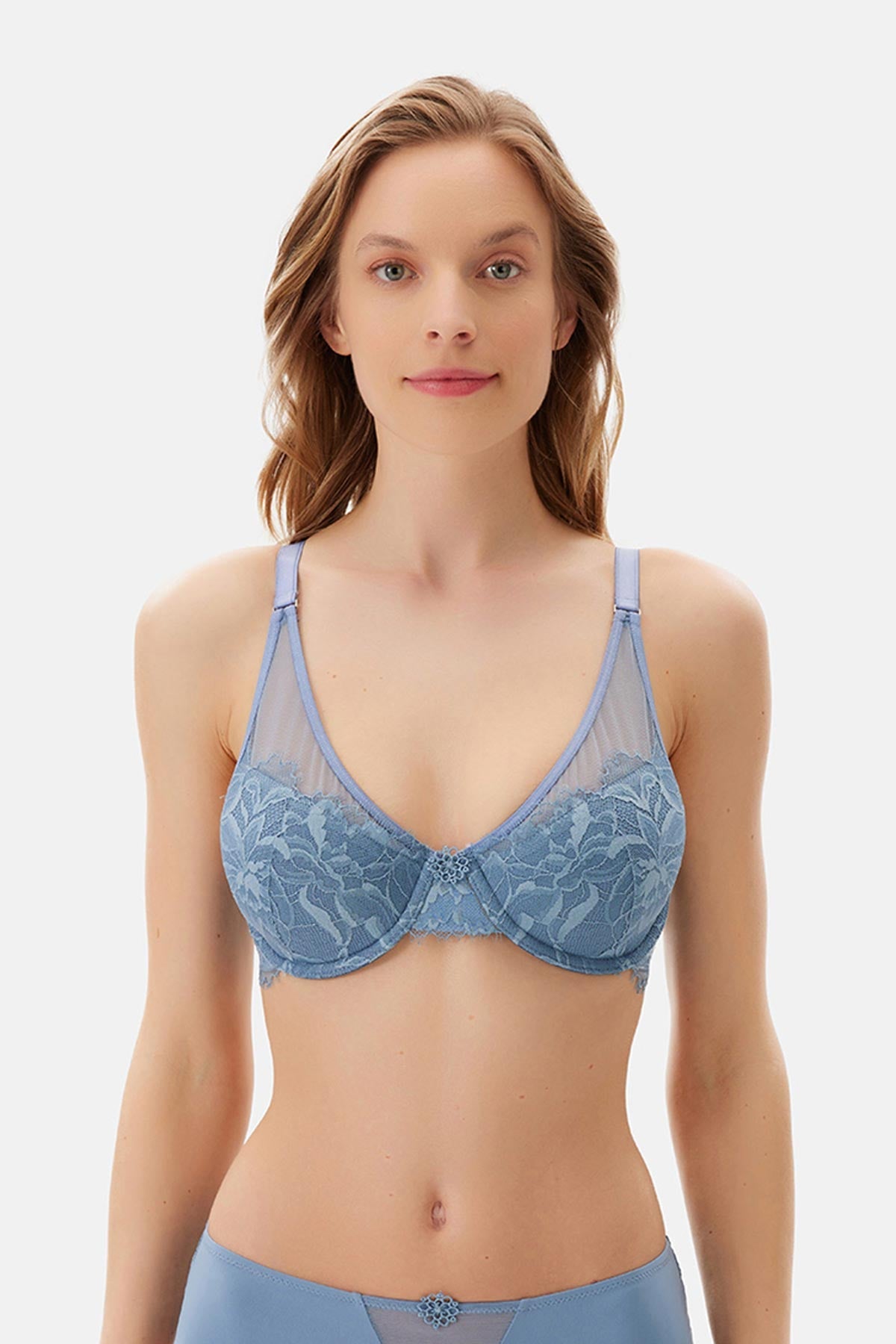 Mavi Dantelli Balenli Toparlayıcı Sütyen