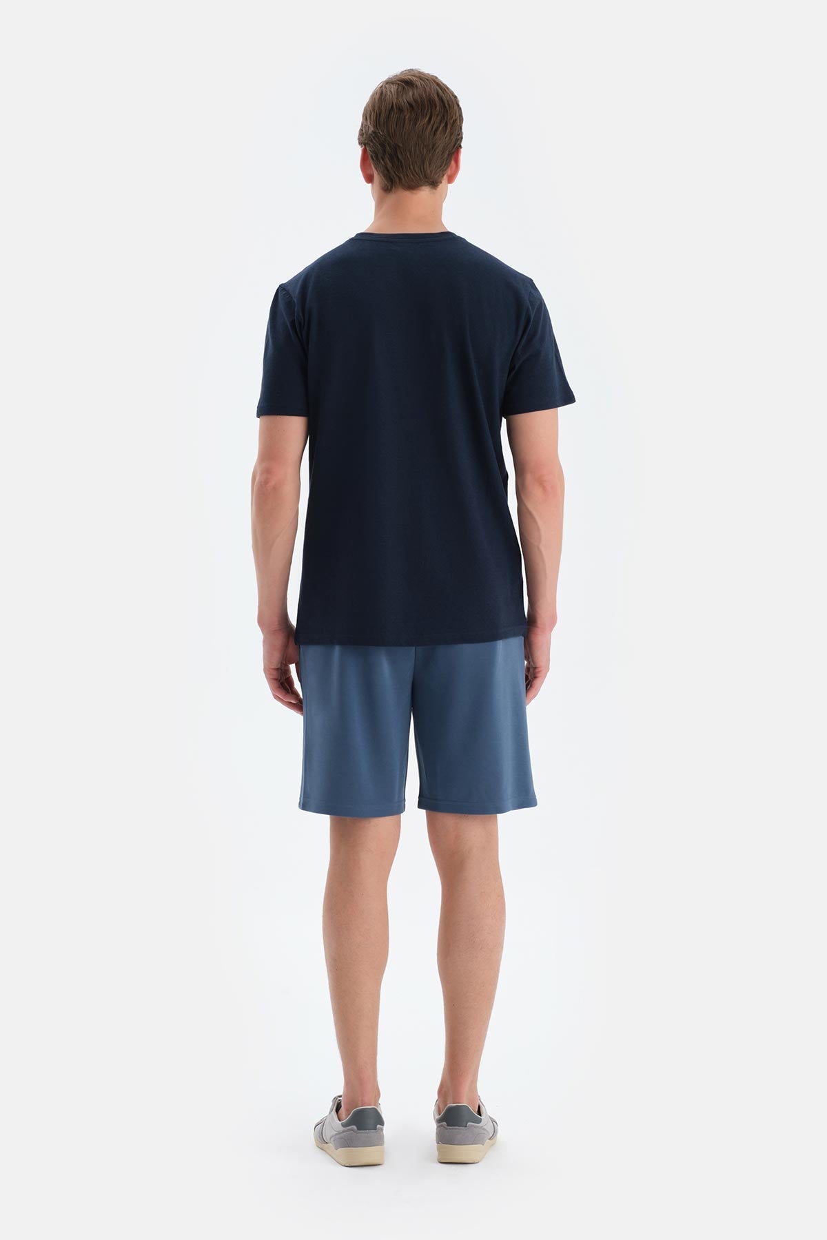 Lacivert Bisiklet Yaka Kısa Kollu Örme Keten Tişört