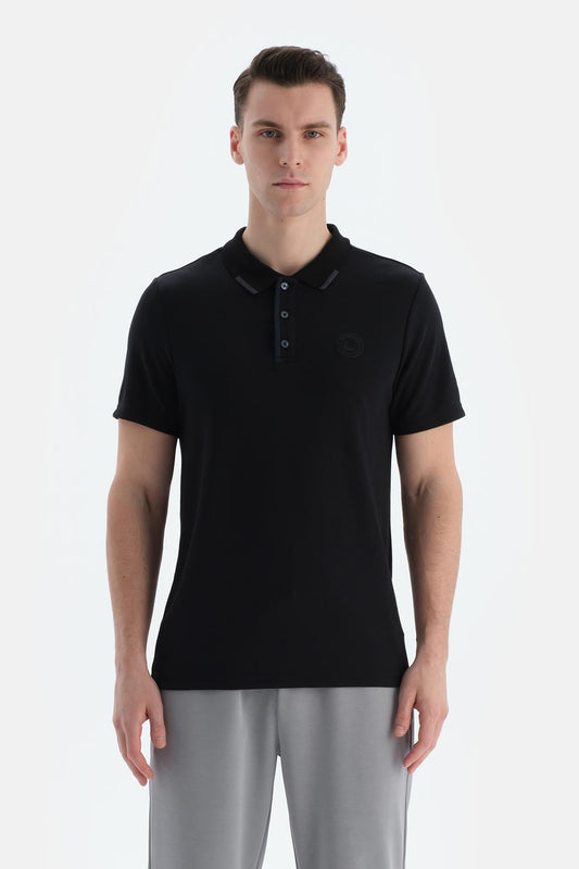 Siyah Erkek Modal Karışımlı Düğmeli Tişört