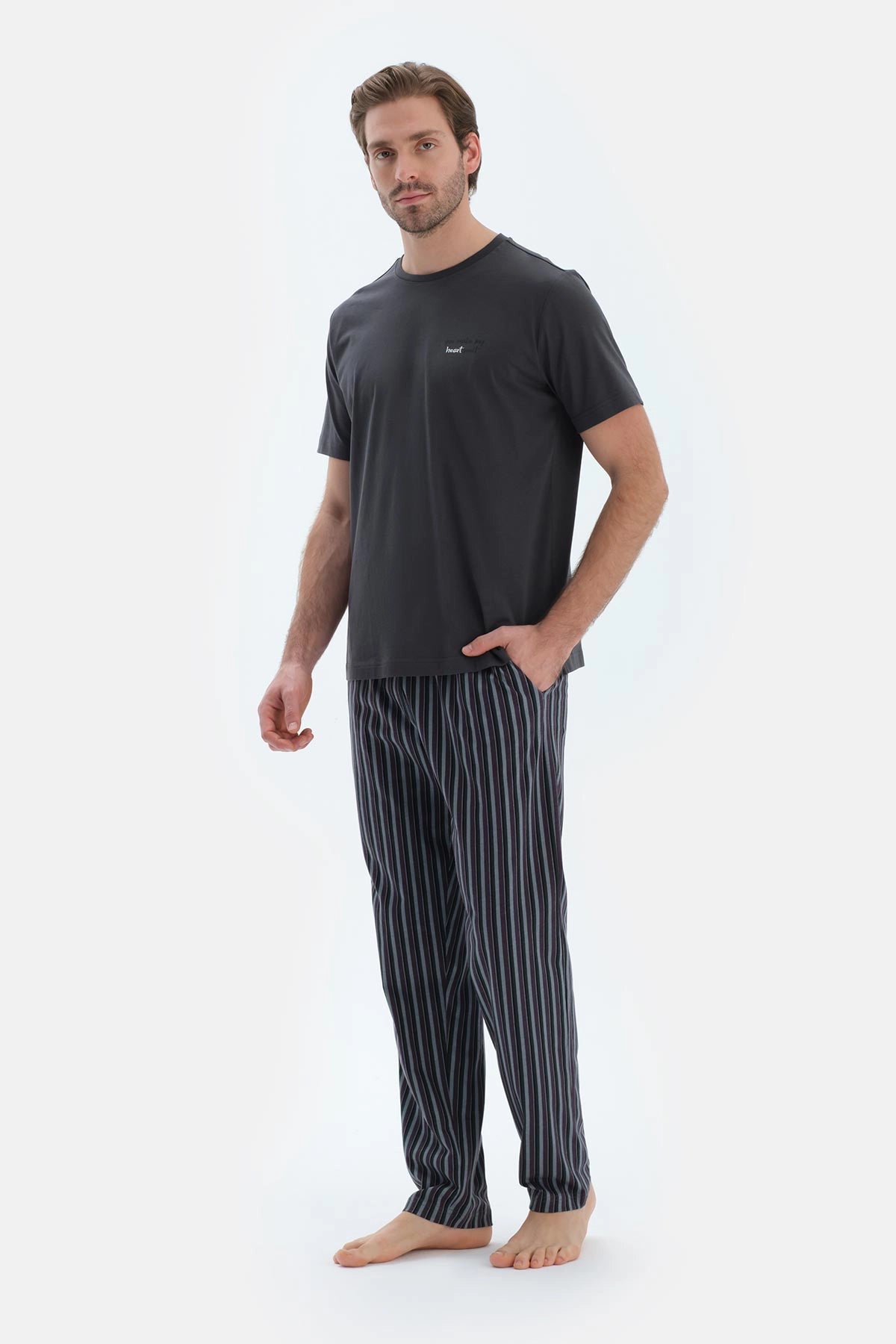Füme Kısa Kollu Bisiklet Yaka Altı Çizgi Metraj Baskılı Pijama Takımı