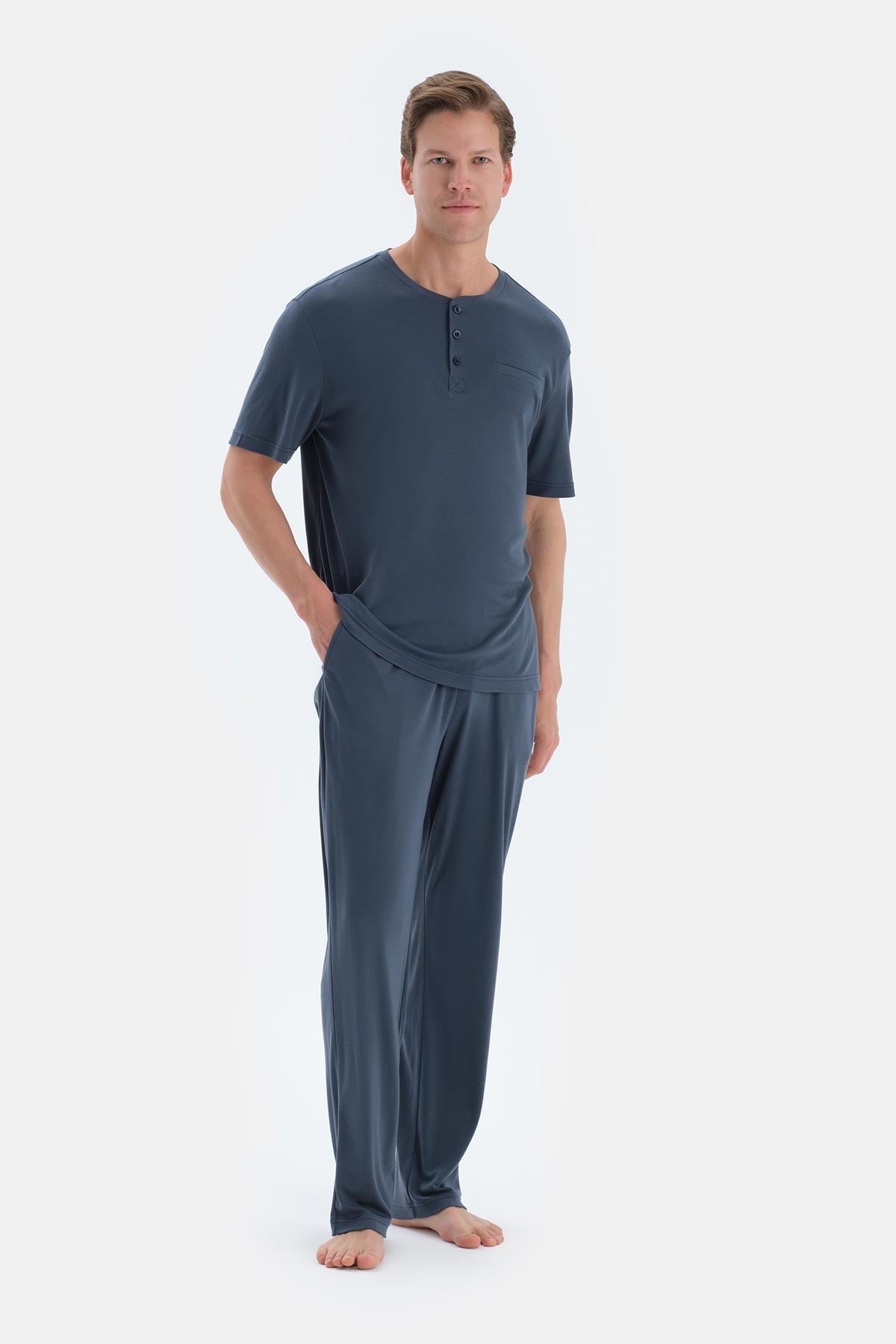 Indigo Pat Ve Fleto Cep Detaylı Tişört Pantolon Pijama Takımı