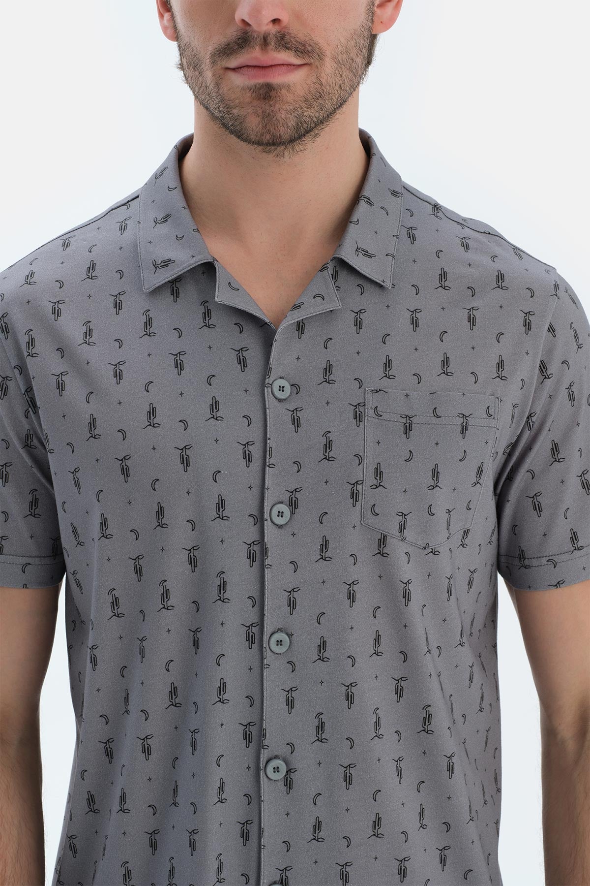 Gri Metraj Baskılı Gömlek Şort Pijama Takımı