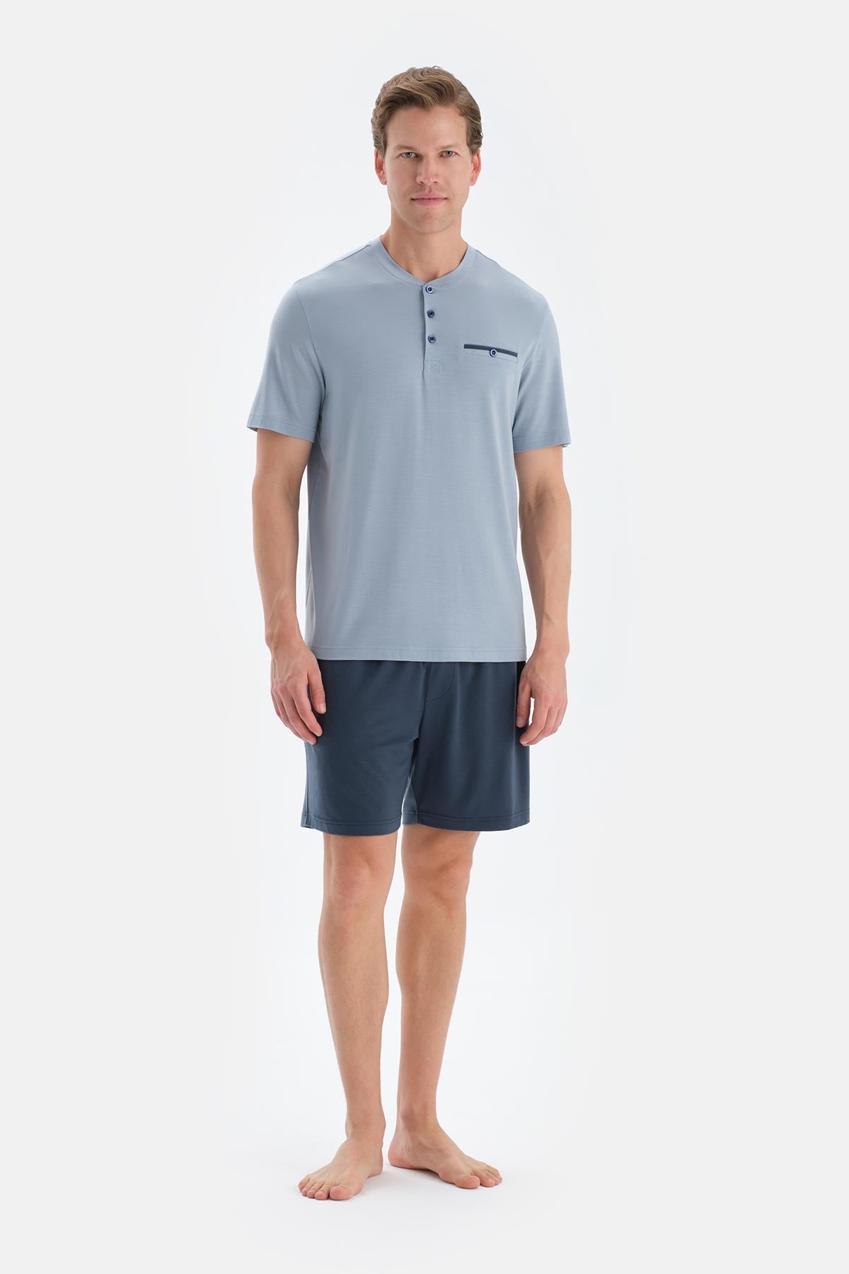 Mavi Pat Ve Fleto Cep Detaylı Tişört Şort Pijama Takımı