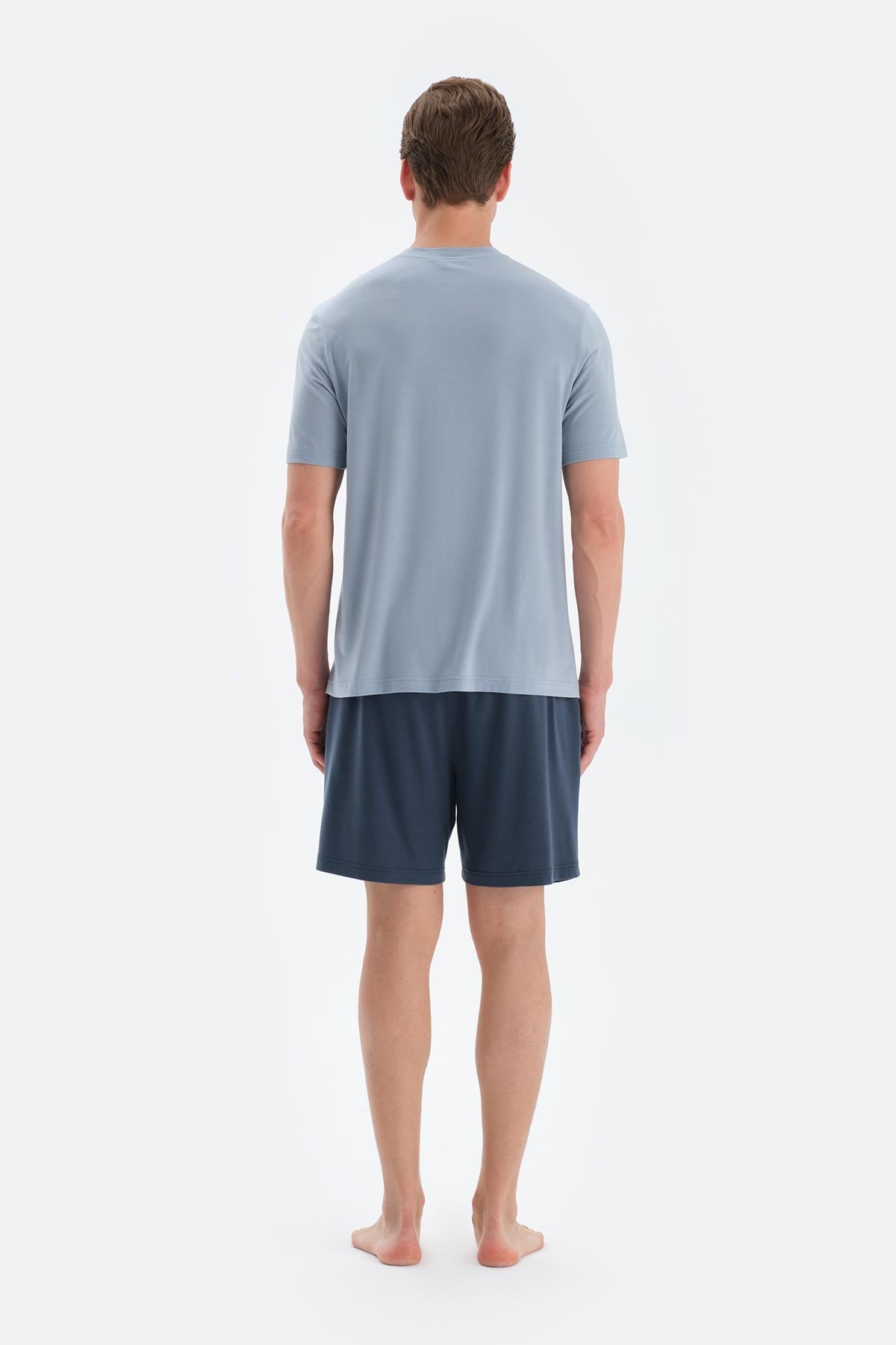 Mavi Pat Ve Fleto Cep Detaylı Tişört Şort Pijama Takımı