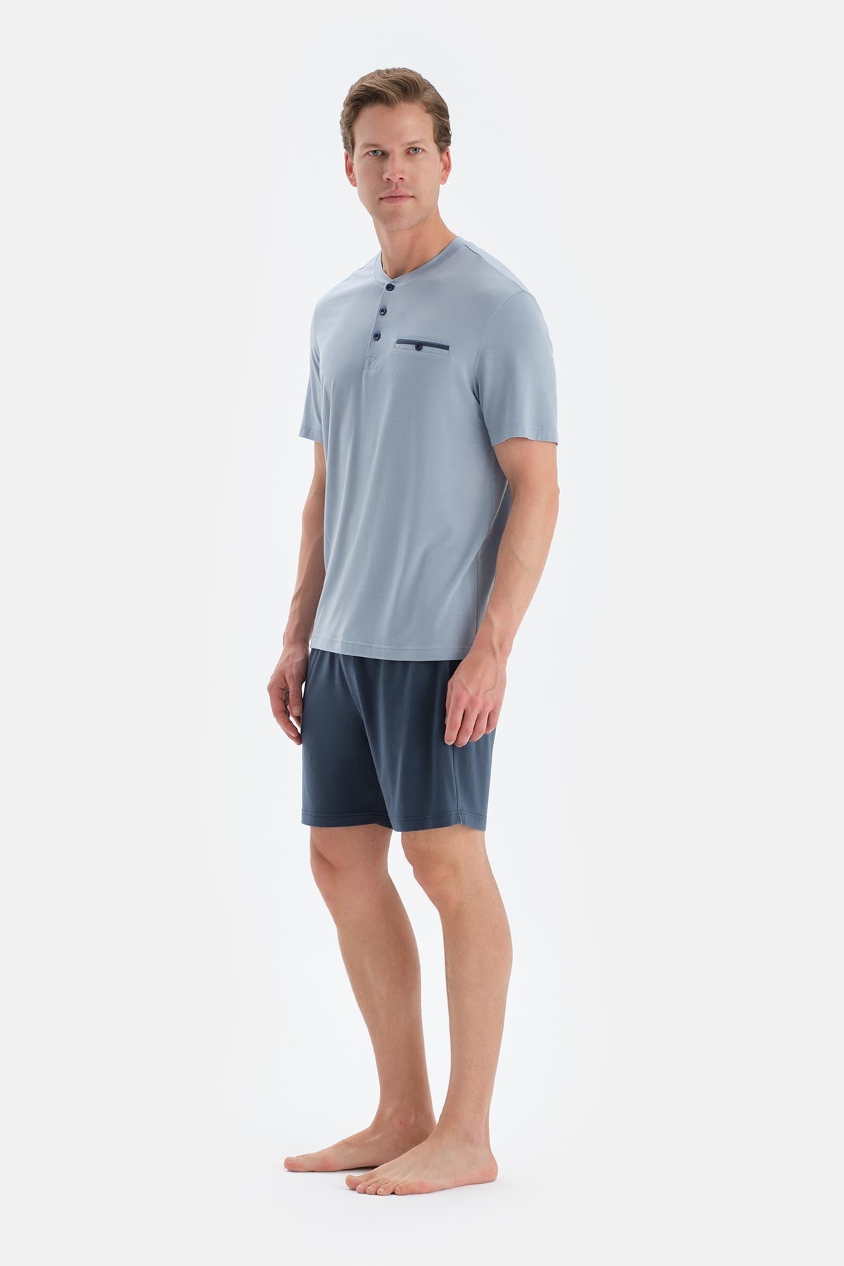 Mavi Pat Ve Fleto Cep Detaylı Tişört Şort Pijama Takımı