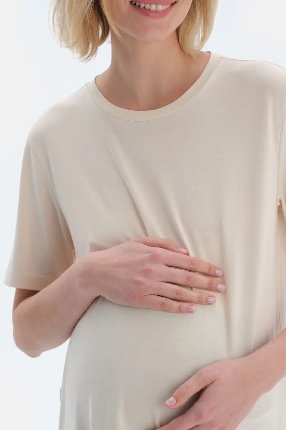 Ekru Bisiklet Yaka Modal Hamile Tişört