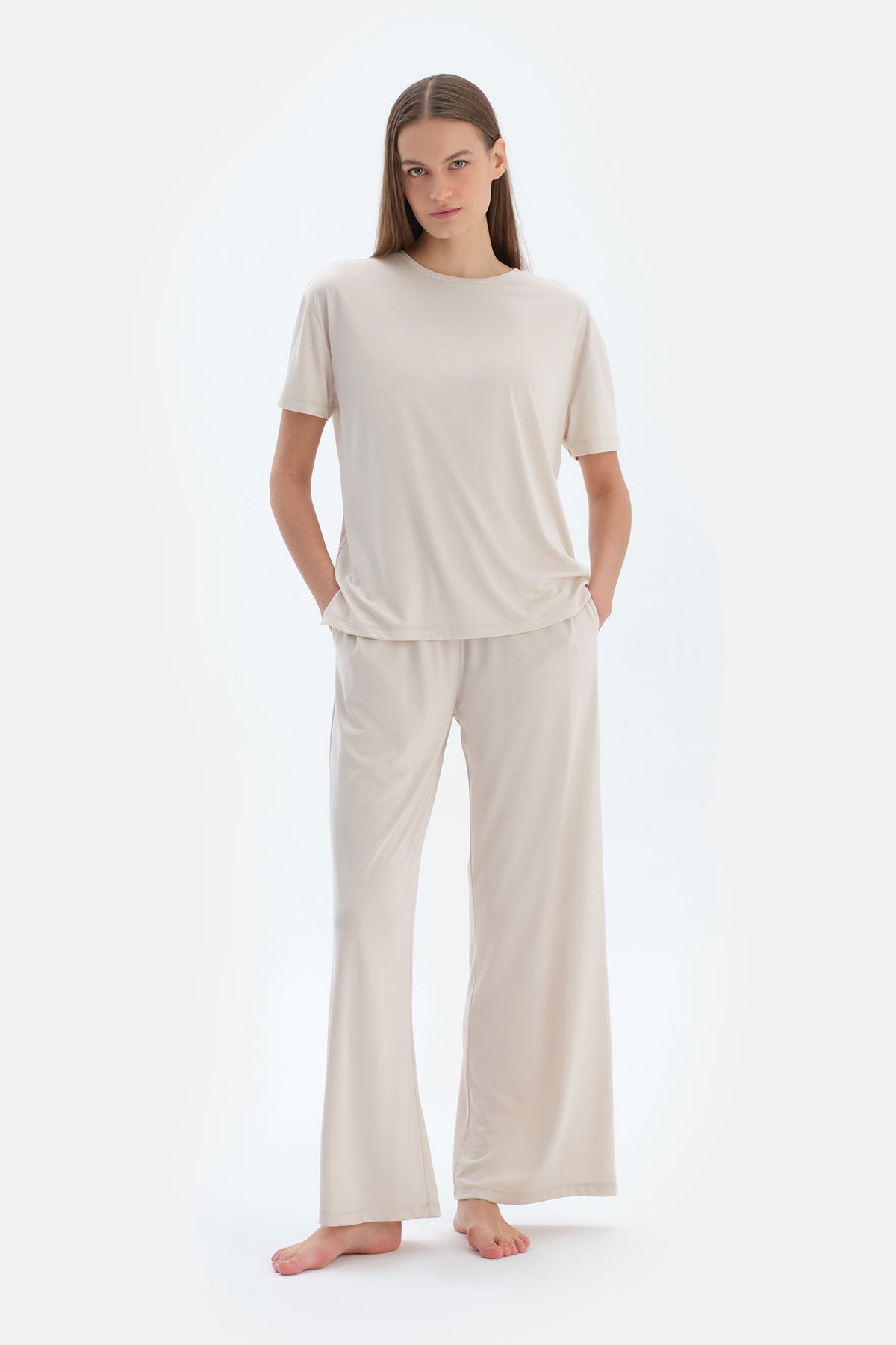 Krem Cepli Basıc Modal Pantolon