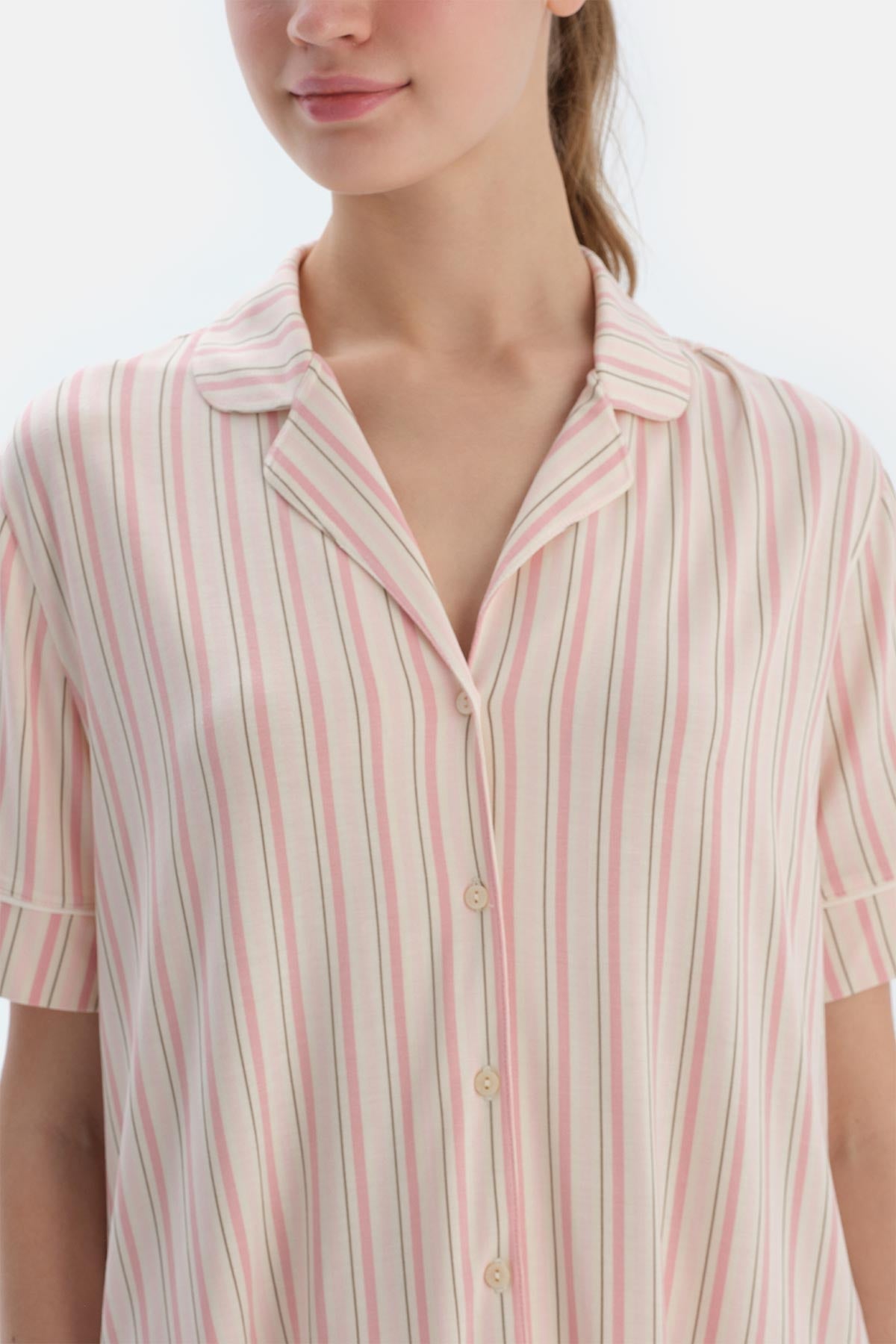 Pembe Çizgili Gömlek Pantolon Pijama Takımı