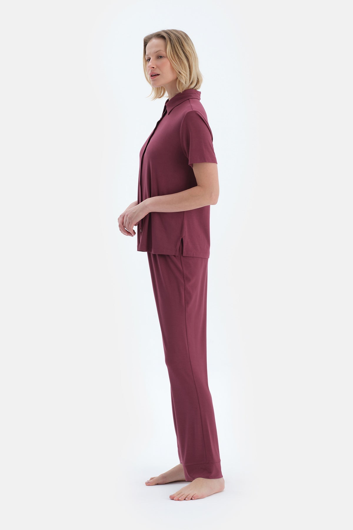 Bordo Basıc Gömlek Pantolon Pijama Takımı