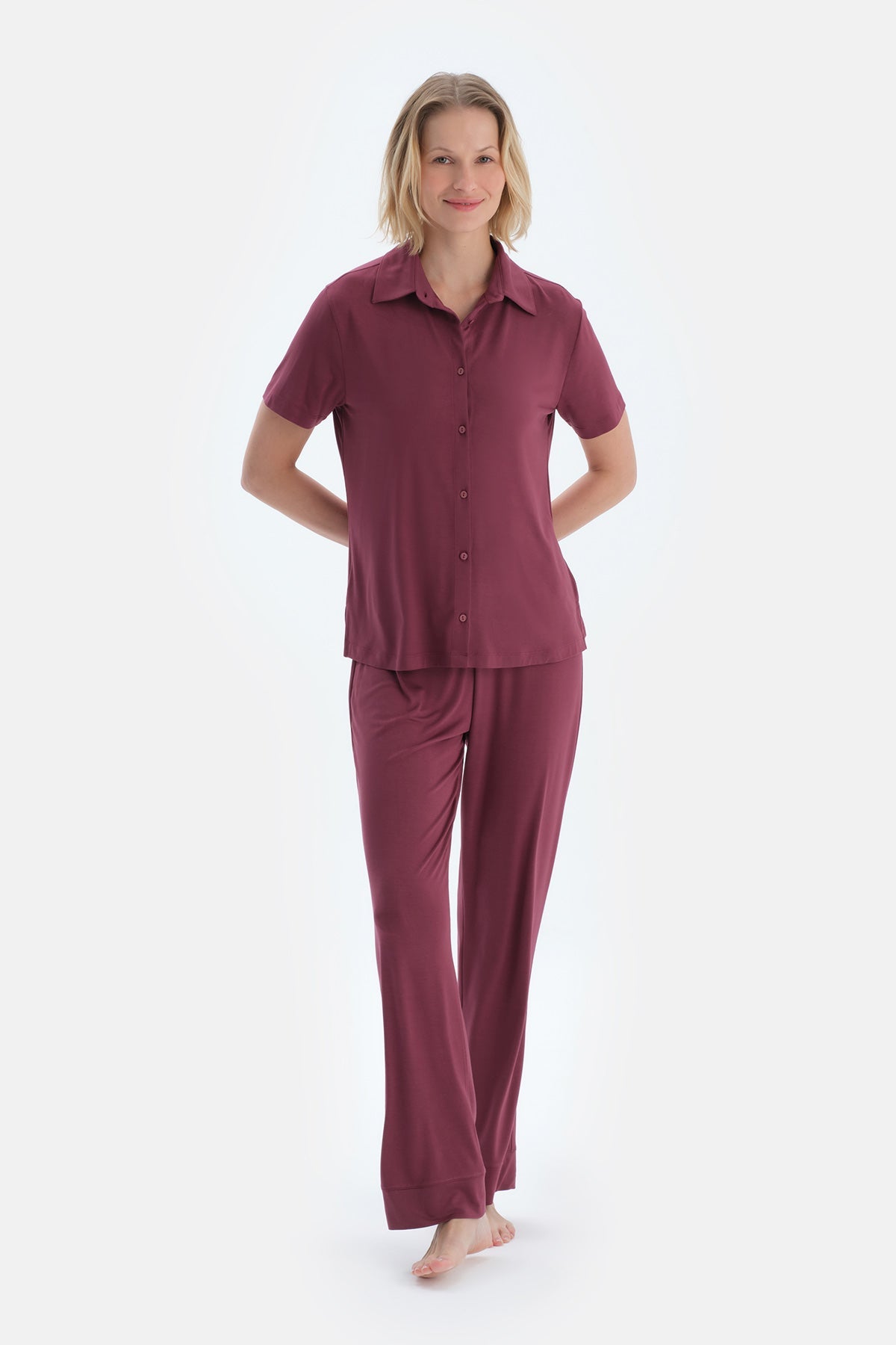 Bordo Basıc Gömlek Pantolon Pijama Takımı