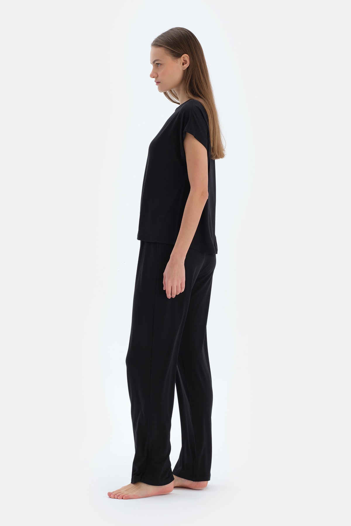 Siyah Basıc Kısa Kollu Tişört Pantolon Pijama Takımı