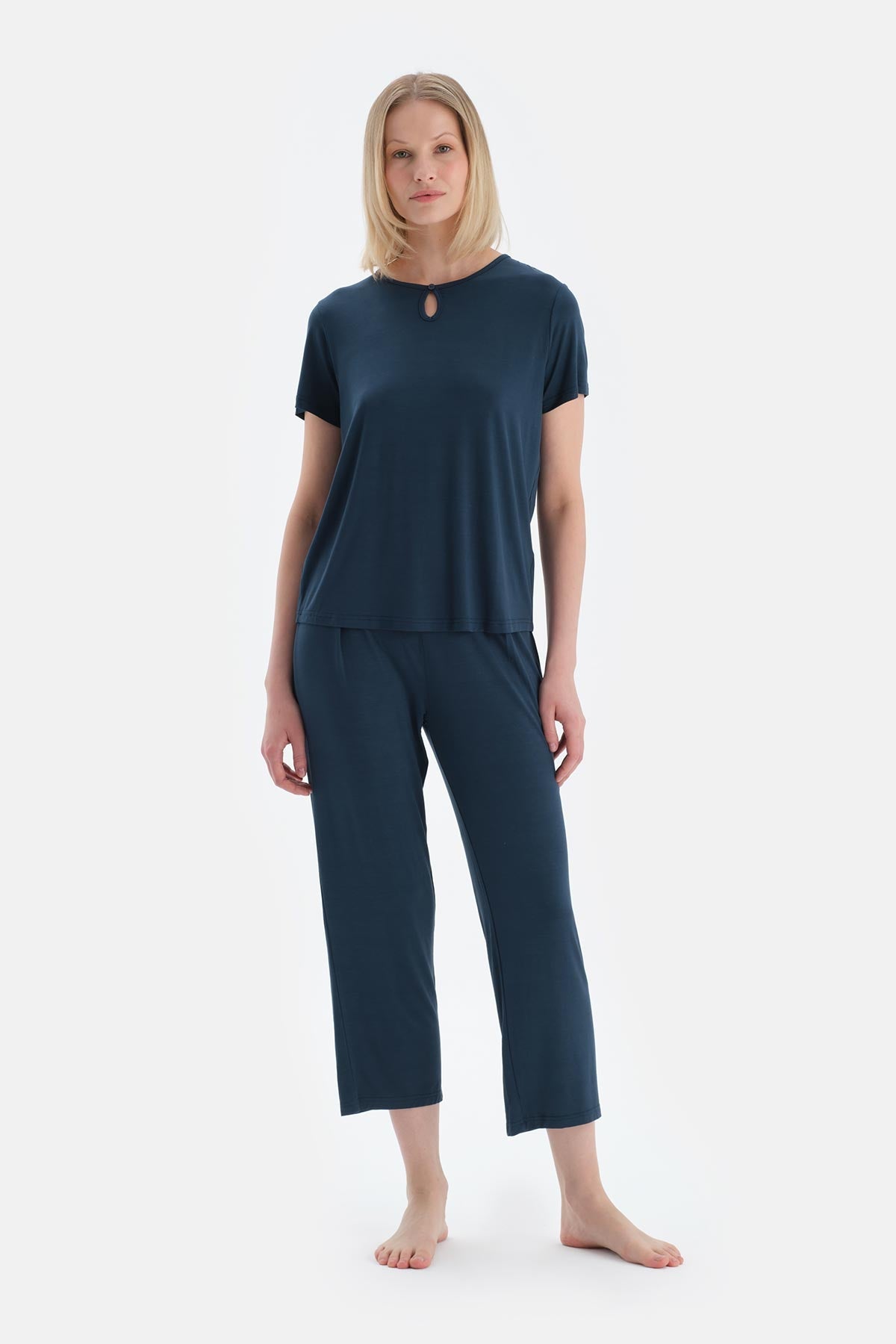 Indigo Yaka Detaylı Kısa Kollu Modal Tişört Pantolon Pijama Takımı