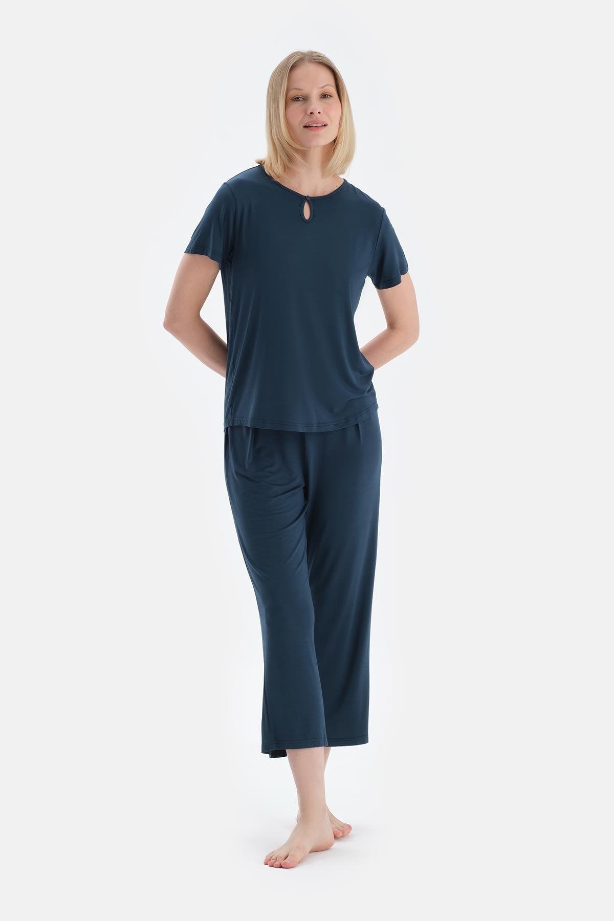 Indigo Yaka Detaylı Kısa Kollu Modal Tişört Pantolon Pijama Takımı