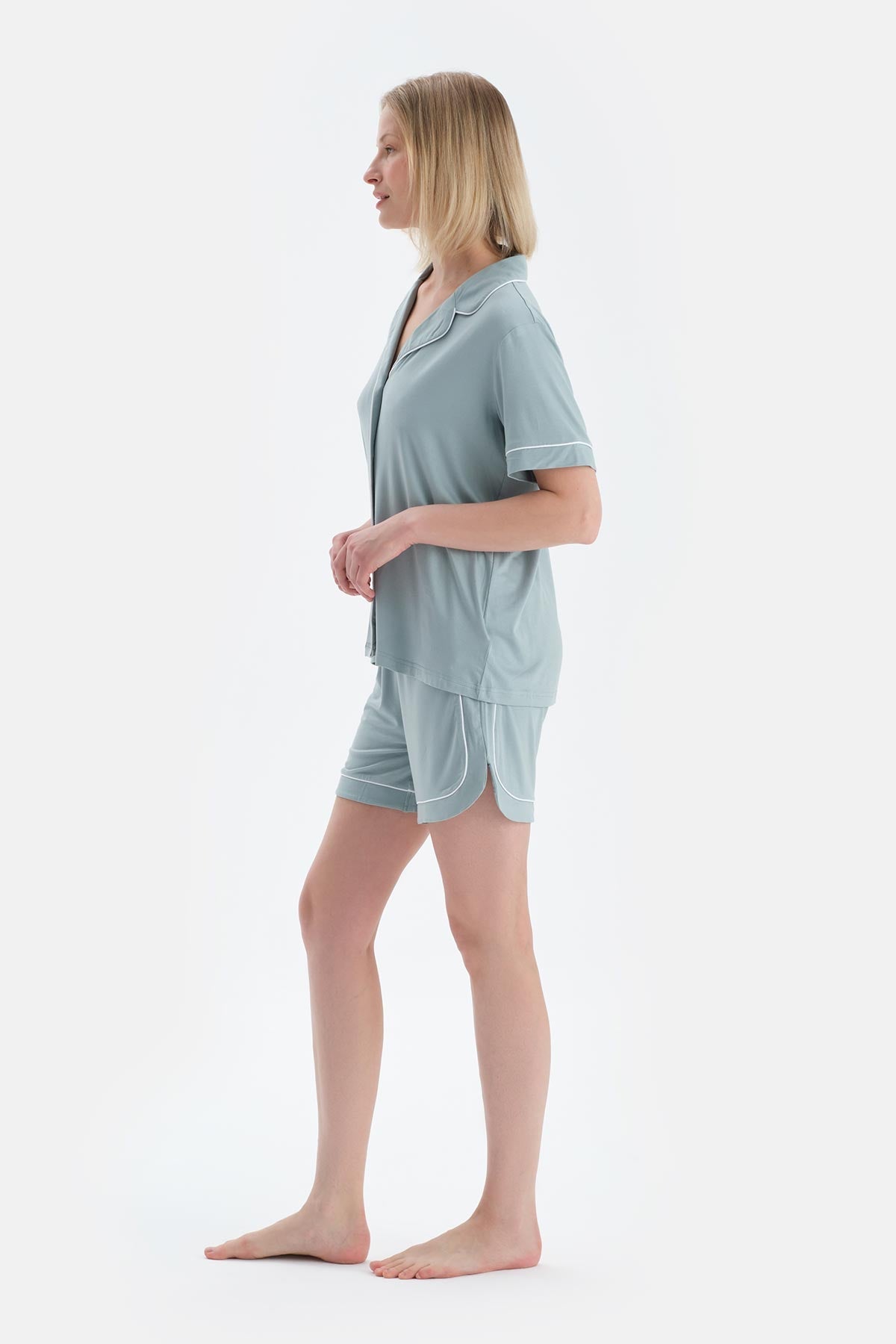 Su Yeşili Biye Detaylı Kısa Kollu Gömlek Şort Pijama Takımı