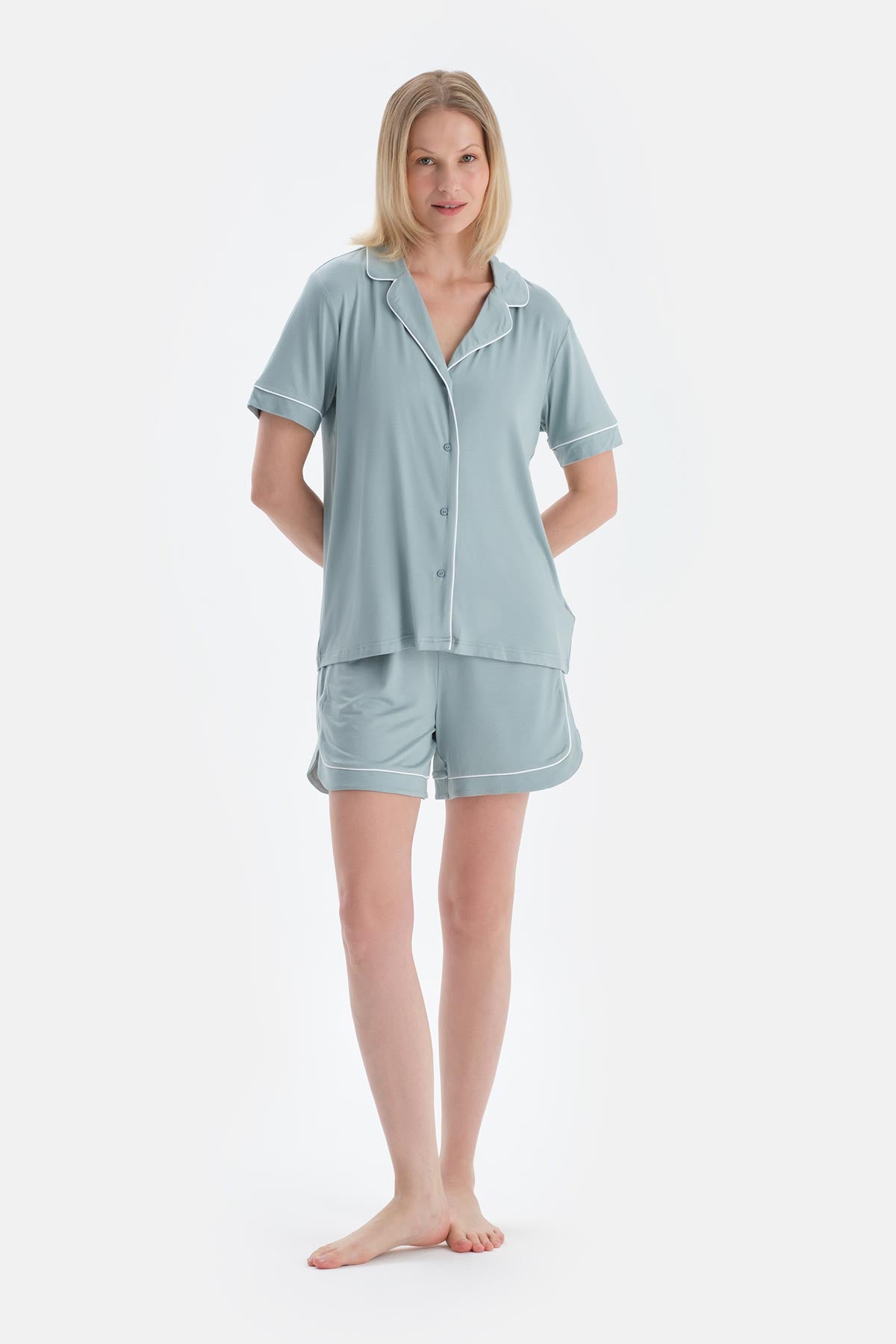 Su Yeşili Biye Detaylı Kısa Kollu Gömlek Şort Pijama Takımı