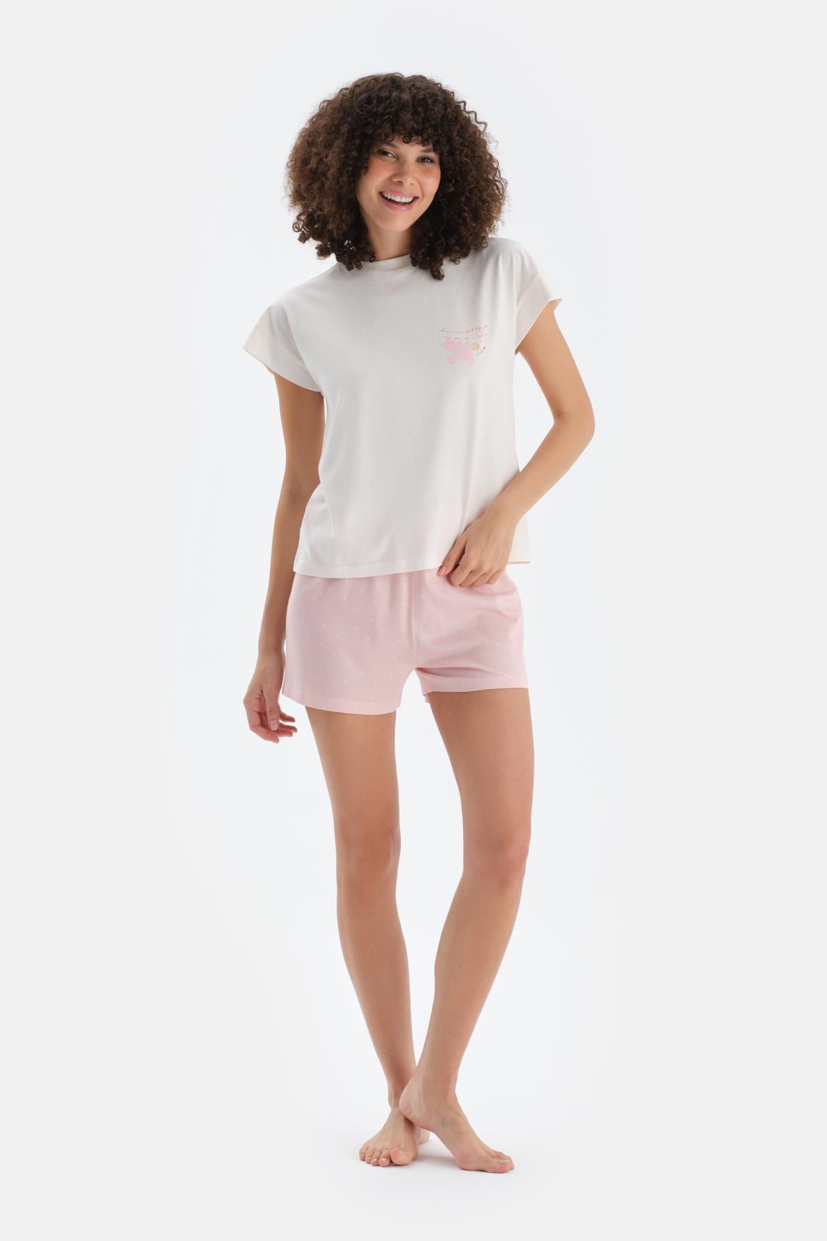 Ekru Baskı Detaylı Kısa Kollu Tişört Şort Pijama Takımı