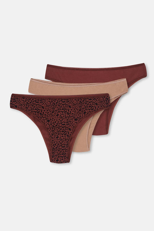 Kızıl Kahve-koyu Bej Kadın 3'lü Desenli Brazilian Külot