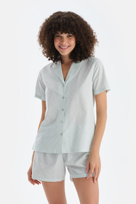 Turkuaz Puantiyeli Kısa Kollu Dokuma Gömlek